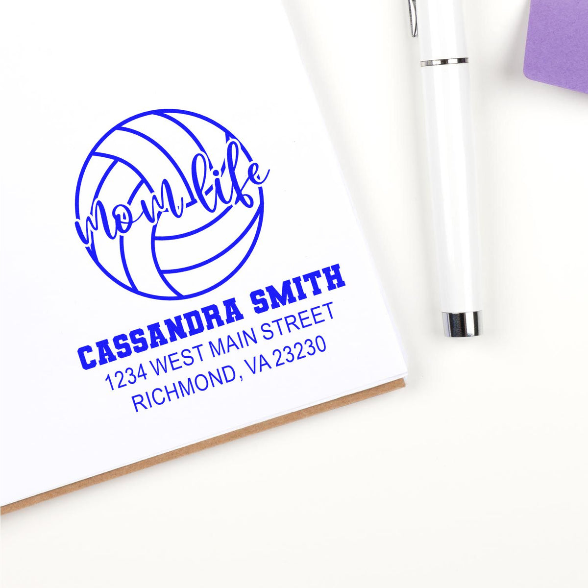 Personalized volleyball mom-life address rubber stamp for Cassandra Smith, Richmond, VA