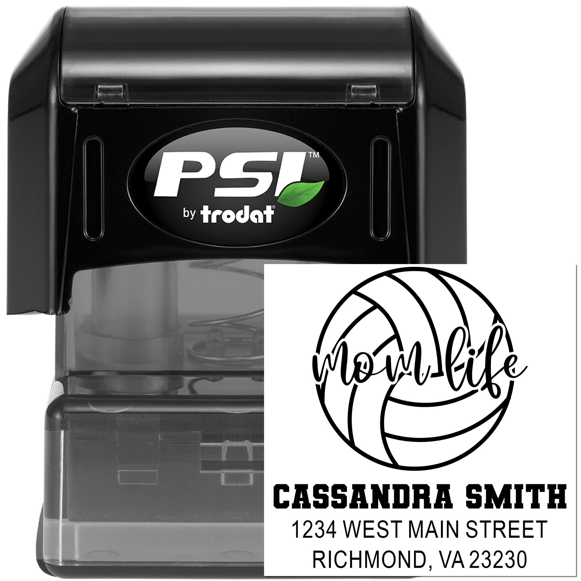Custom PSI by Trodat self-inking rubber return address stamp with business name and mailing address design.