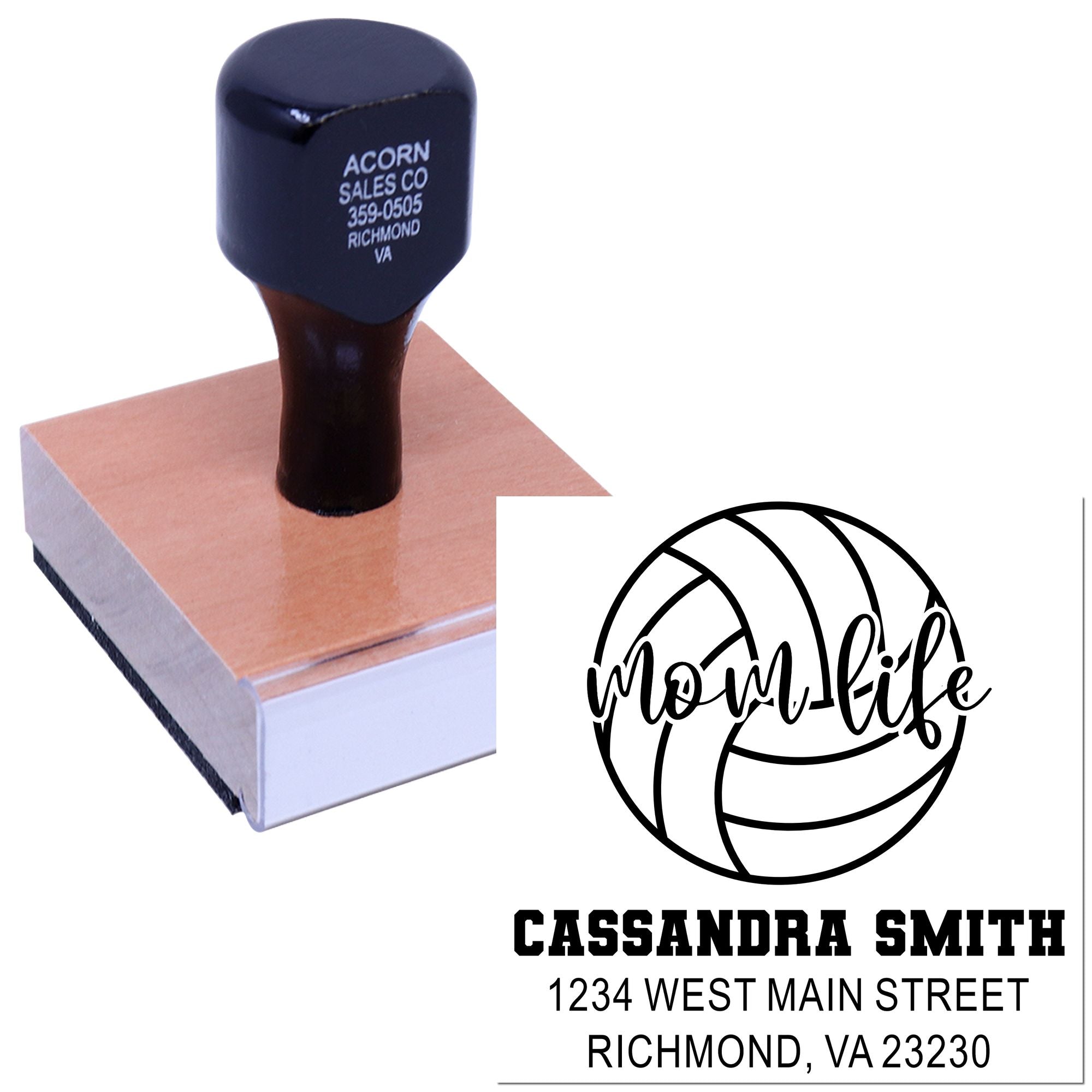 Custom rubber stamp with Mom Life basketball logo and address for personalized branding