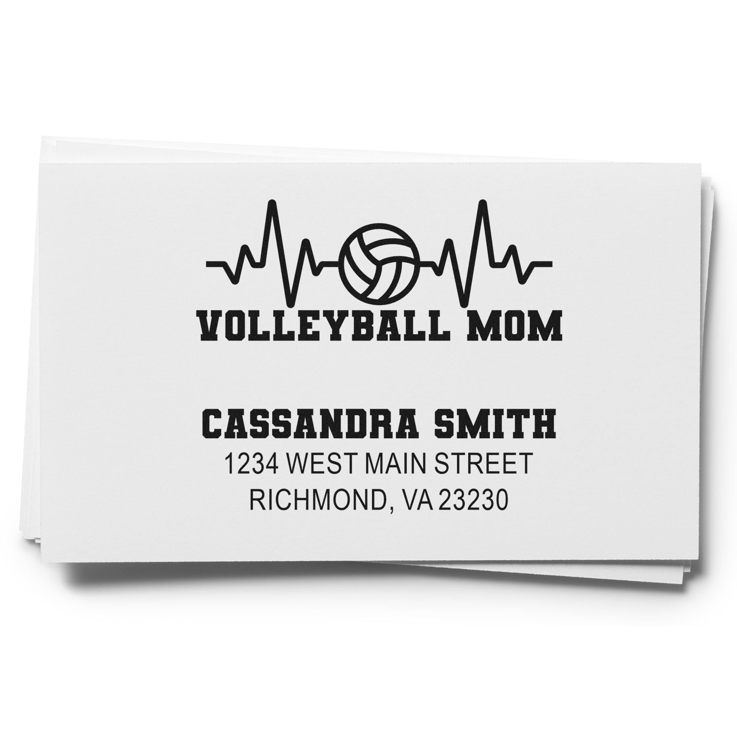 Custom volleyball mom rubber stamp with heartbeat and volleyball design, personalized return address stamp for envelopes.