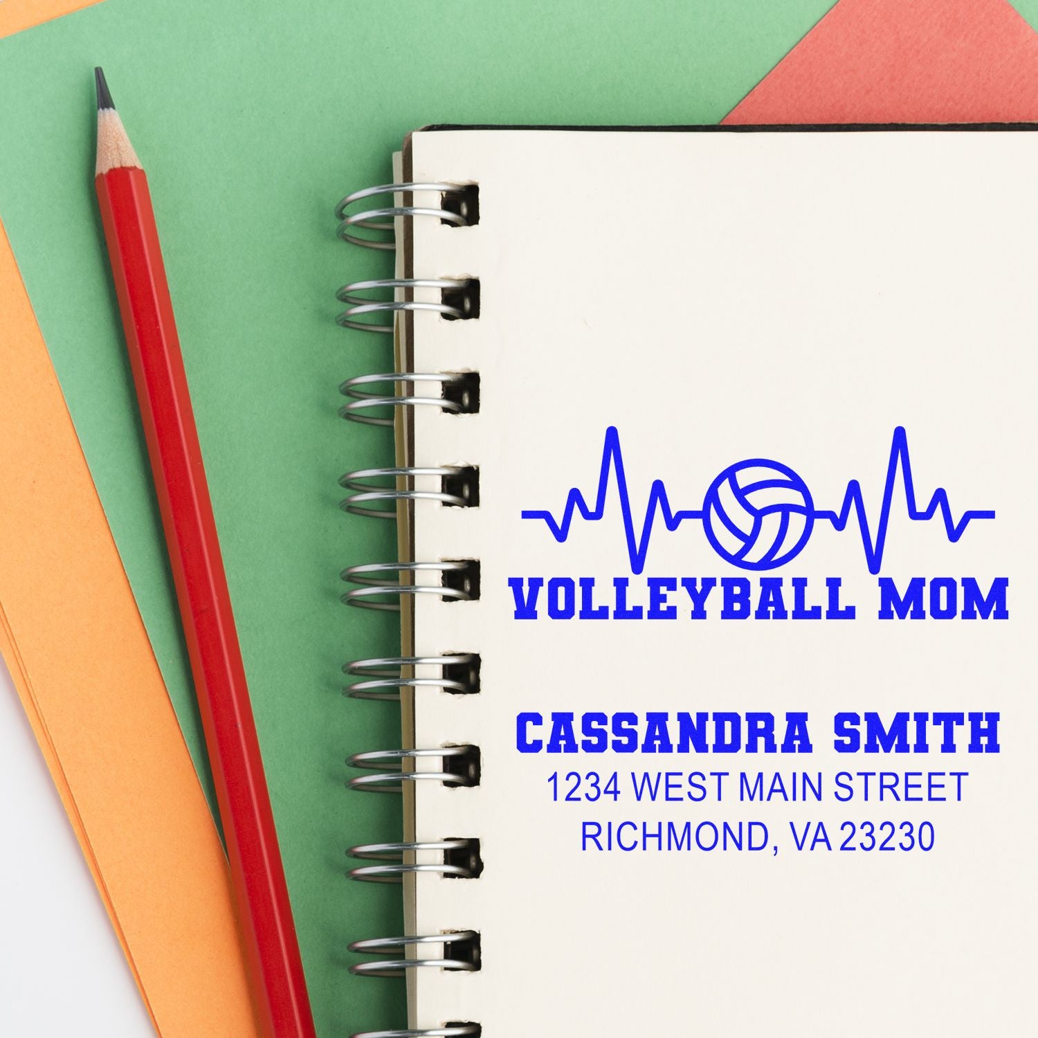 Personalized volleyball mom rubber stamp with name and address, featuring a volleyball heartbeat design for stationery.