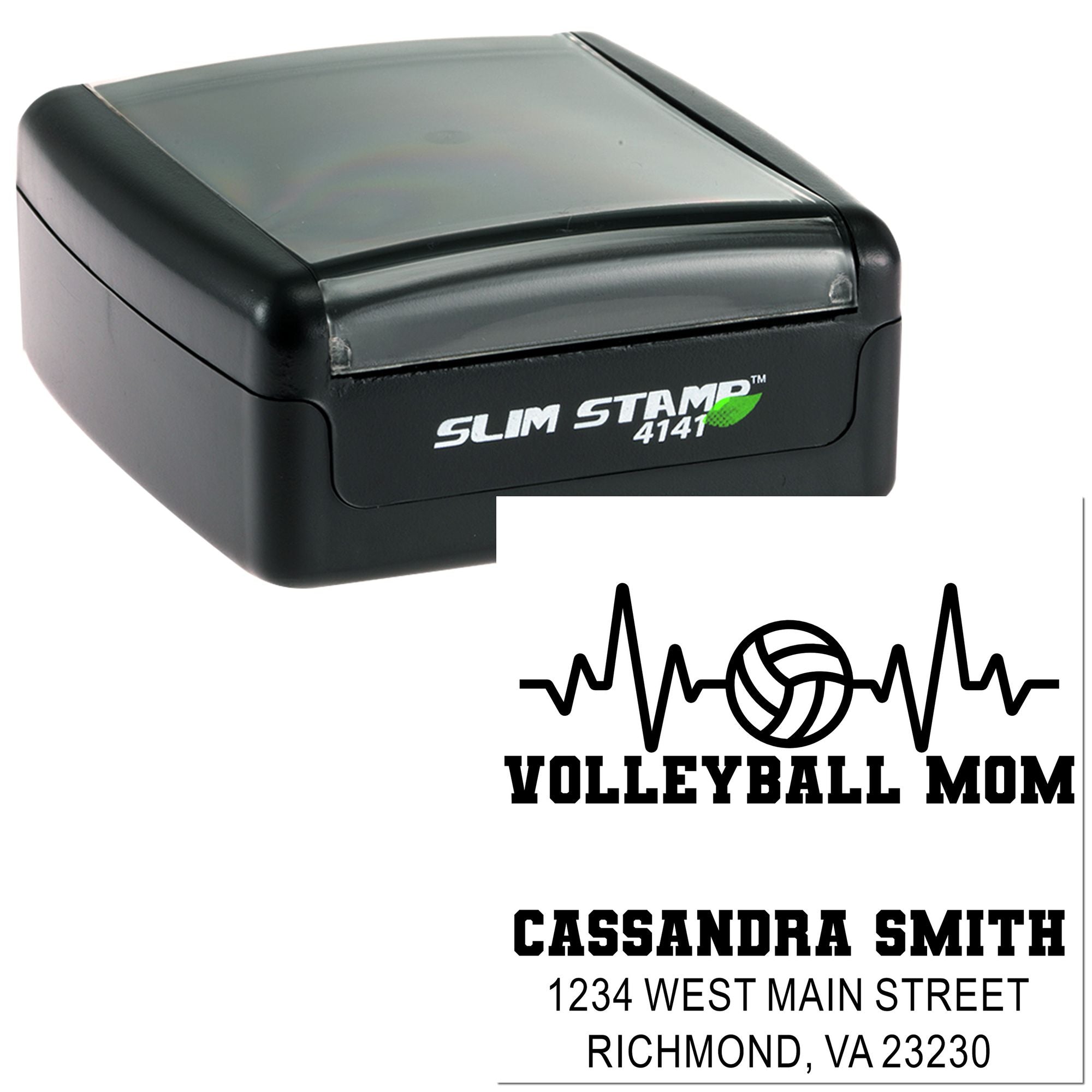 Custom self-inking rubber stamp for Volleyball Mom, featuring Cassandra Smith address imprint for personalized mailing.