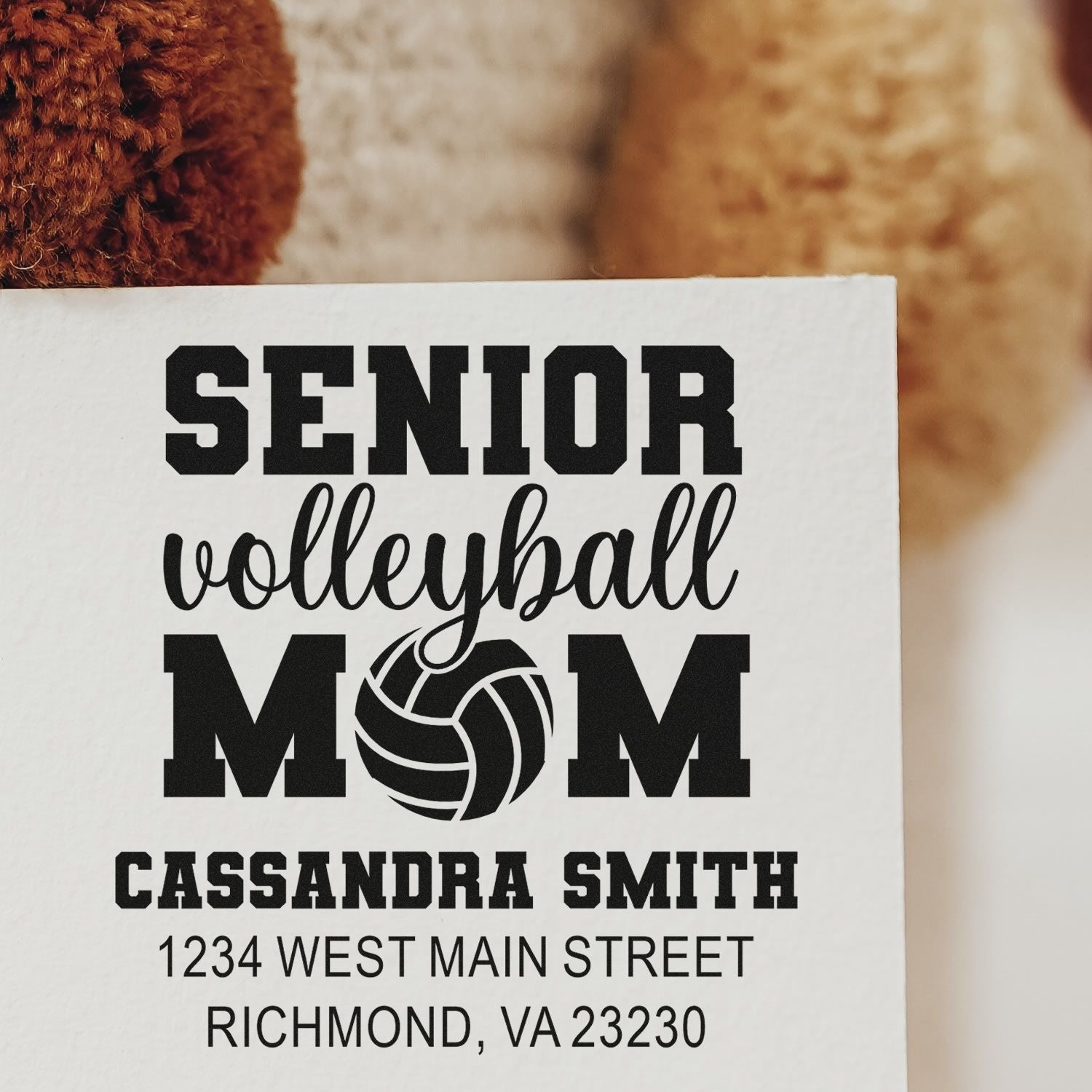 Personalized senior volleyball mom rubber stamp with name and return address