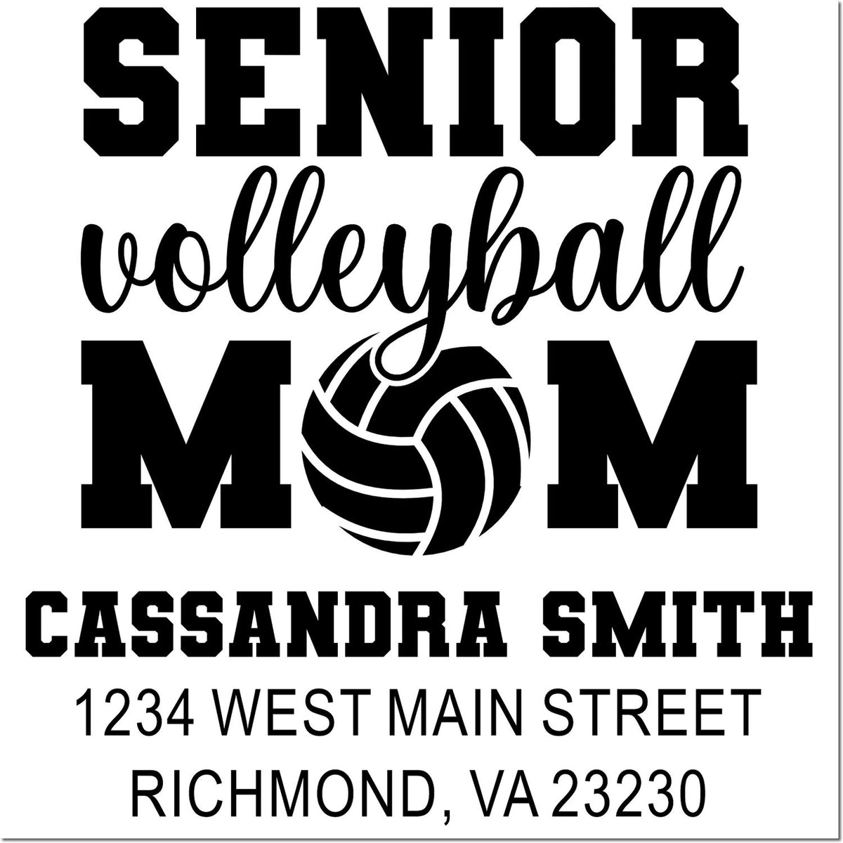 Custom senior volleyball mom return address rubber stamp with volleyball graphic, Cassandra Smith, Richmond, VA.