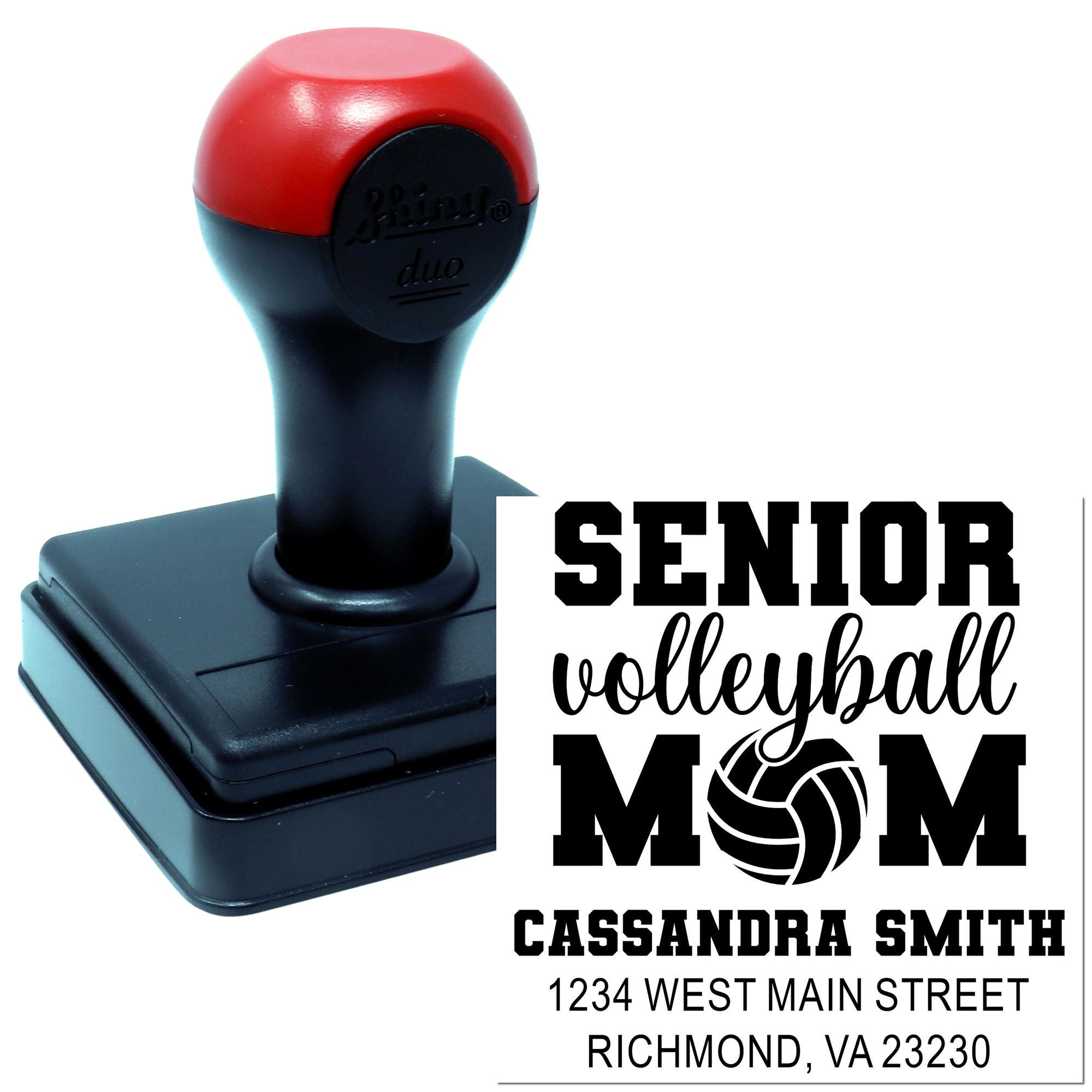 Personalized Senior Volleyball Mom rubber stamp with self-inking handle and custom name, address, and volleyball design.