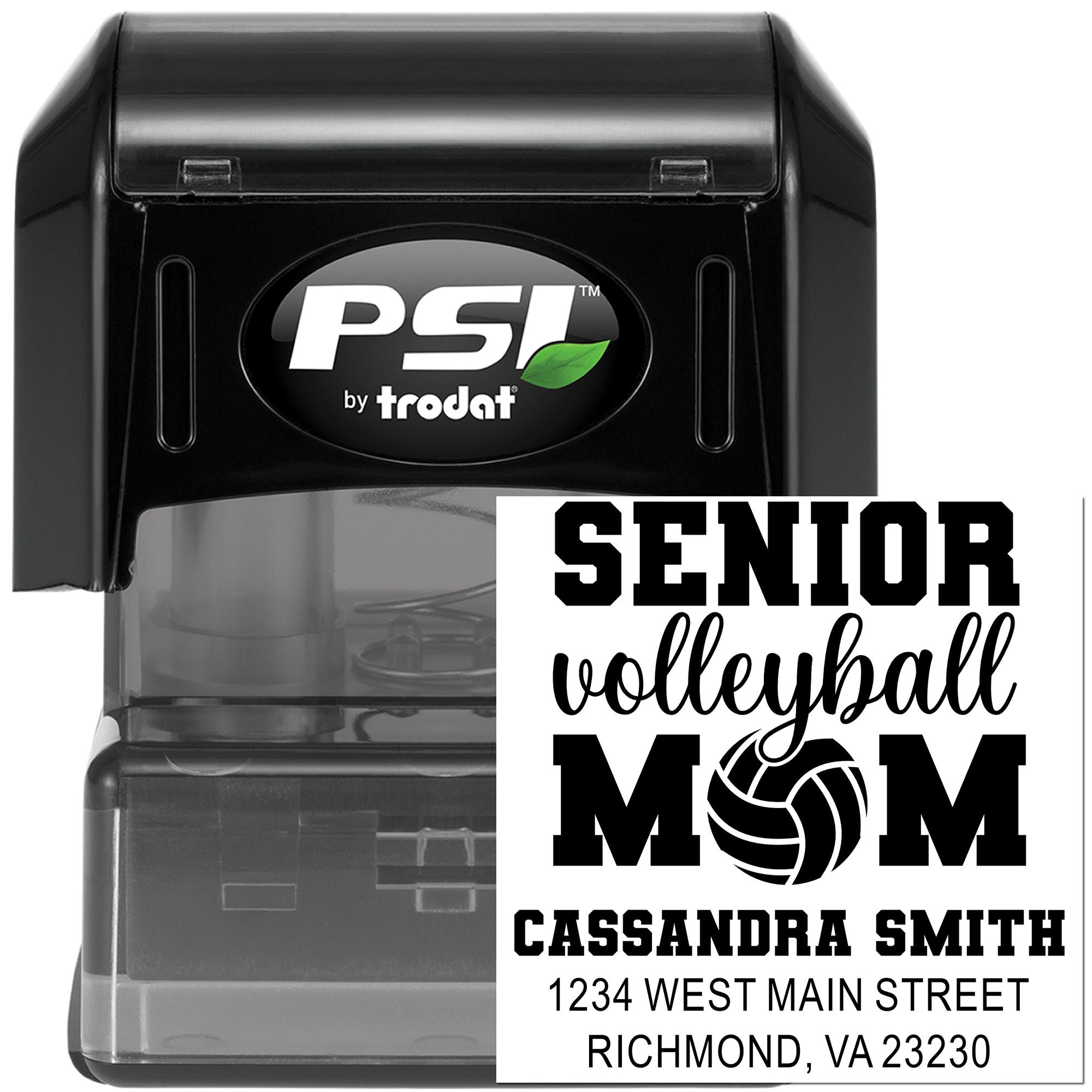 Custom self-inking rubber stamp for senior volleyball mom, featuring Cassandra Smith name and address.