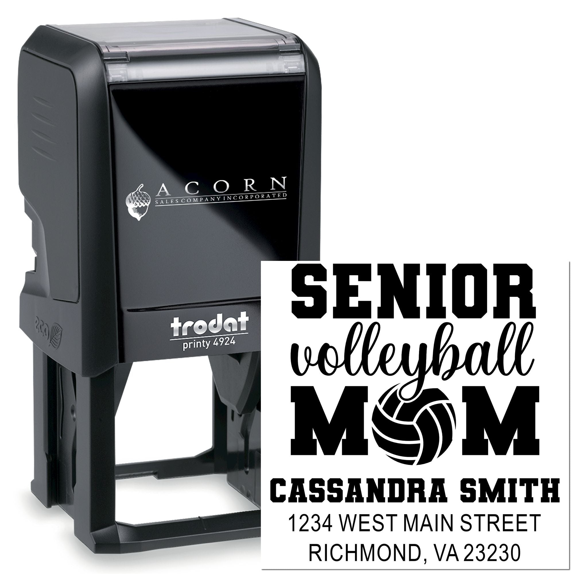 Trodat Printy 4924 custom rubber stamp for senior volleyball mom, with name, volleyball graphic, and address imprint.