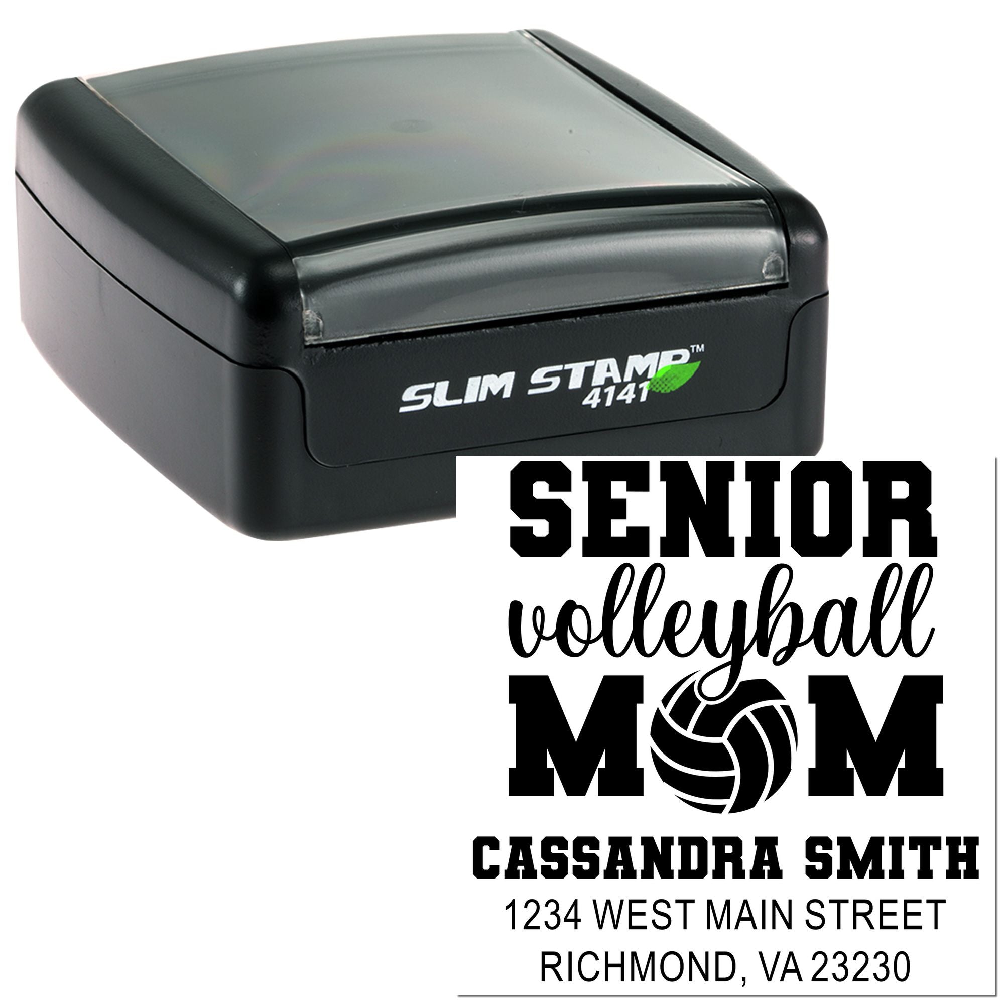 Custom senior volleyball mom rubber stamp with Slim Stamp case and personalized name, address, and volleyball design.