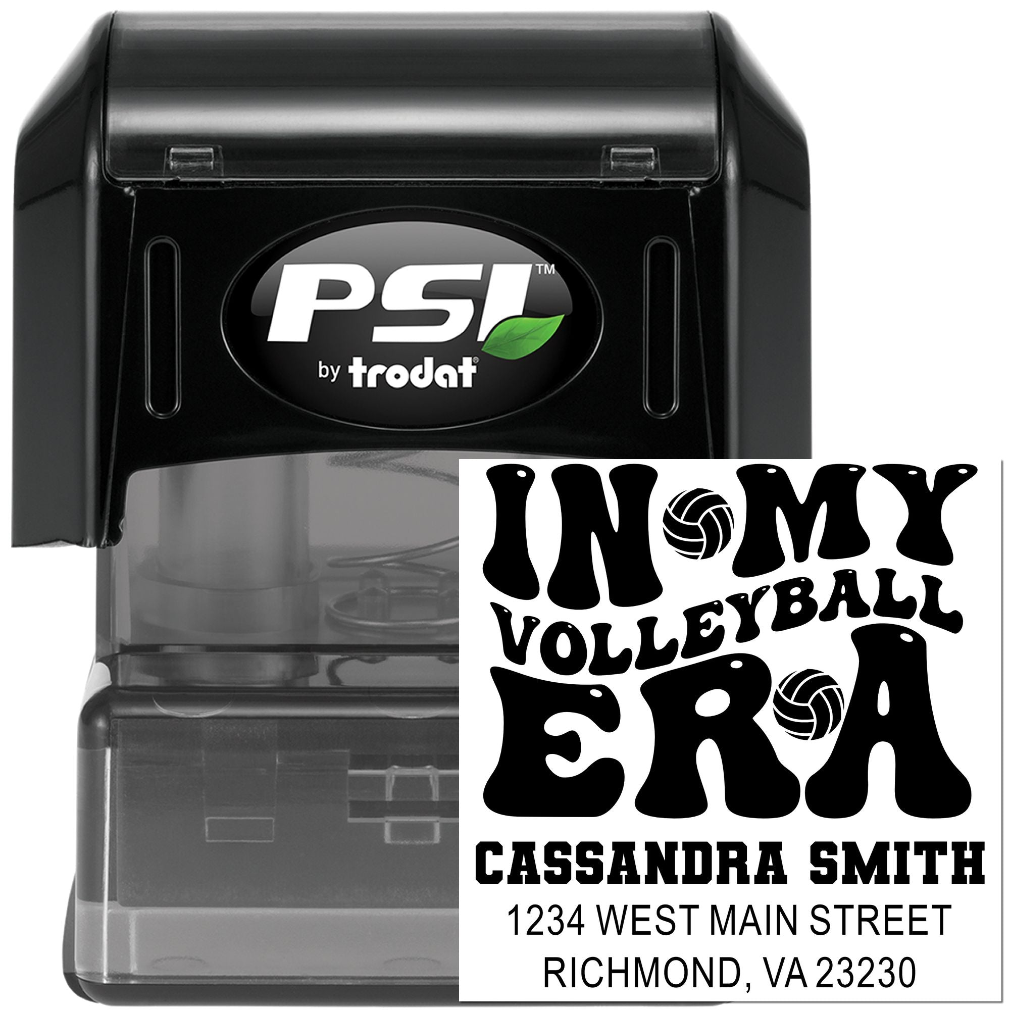 Personalized volleyball return address rubber stamp by PSI Trodat, featuring custom name, street address, and city.