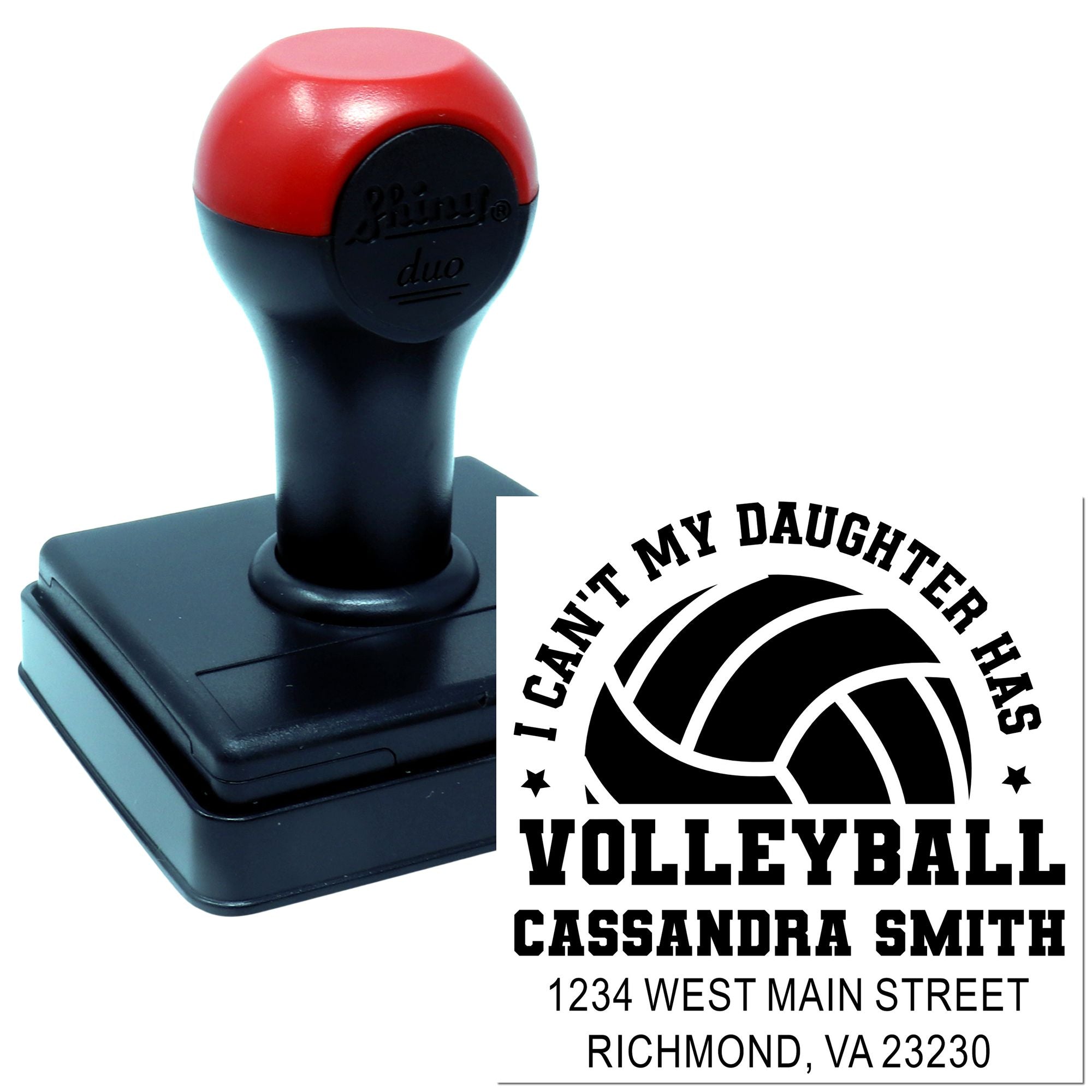 Custom self-inking volleyball rubber stamp for a daughter, personalized with name and address for school, sports, and crafts.