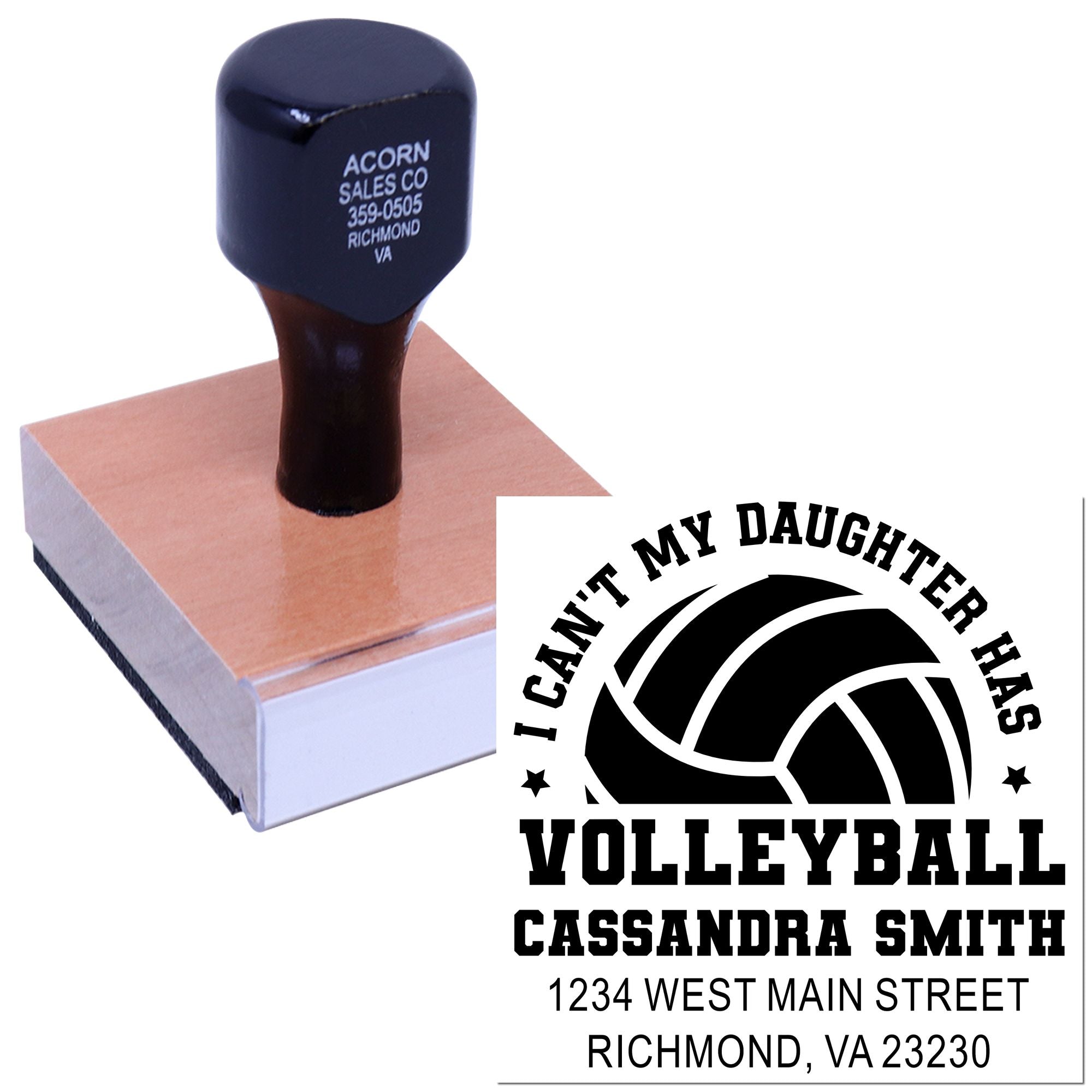 Custom rubber address stamp with volleyball graphic, name, and return address for personalized sports-themed mail.