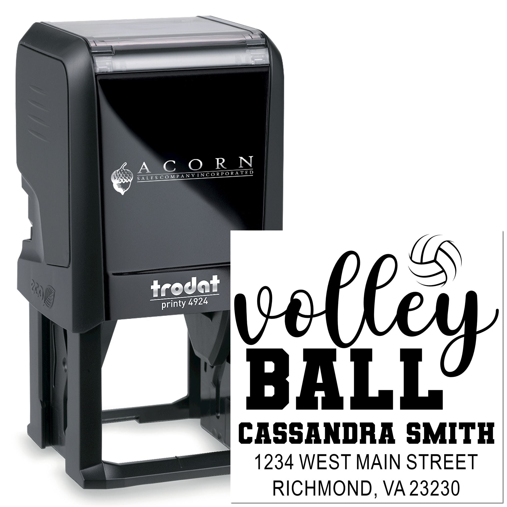 Custom volleyball self-inking rubber stamp with personalized name and address imprint for mailing and team branding.