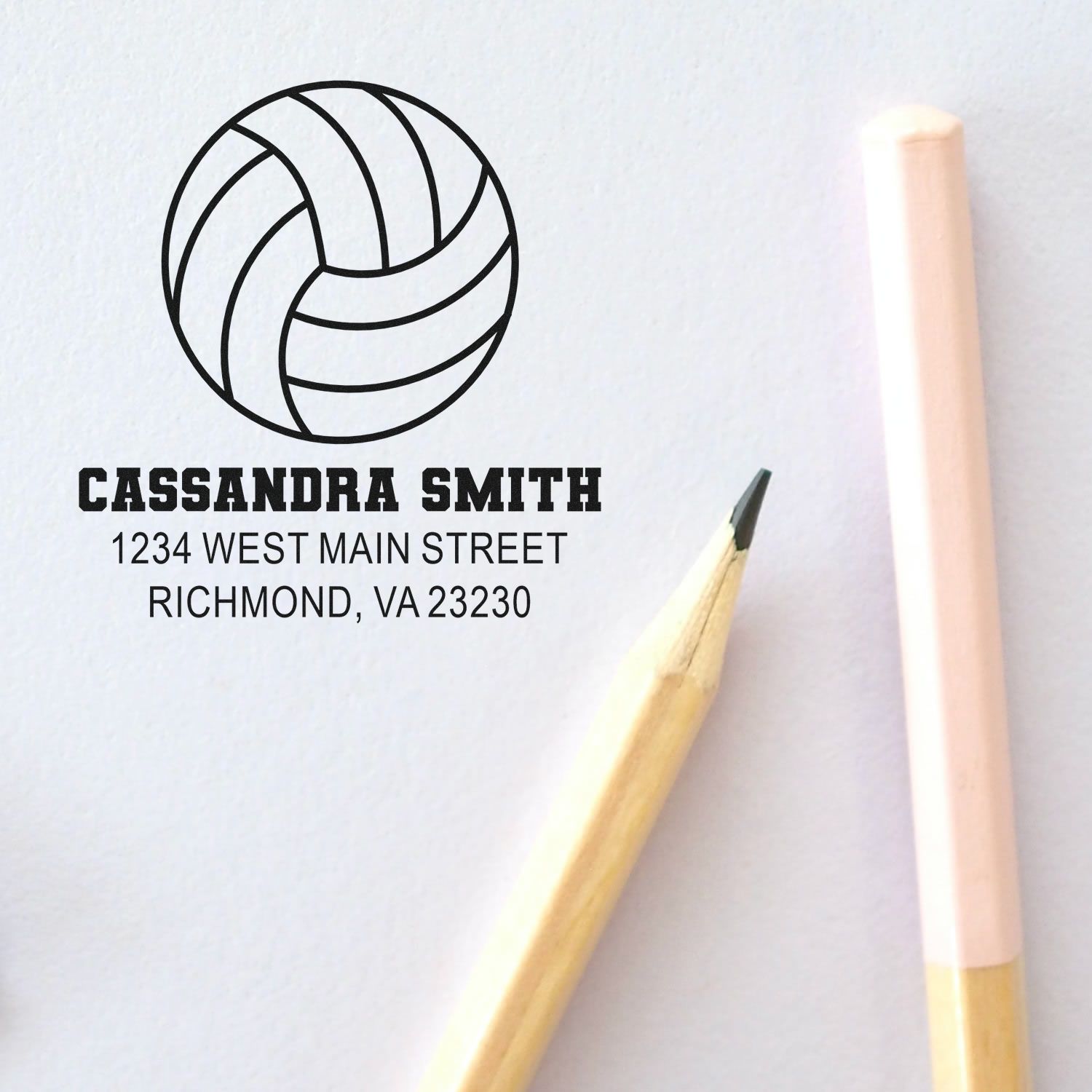Custom volleyball address rubber stamp with name, street address, and Richmond, VA return address.
