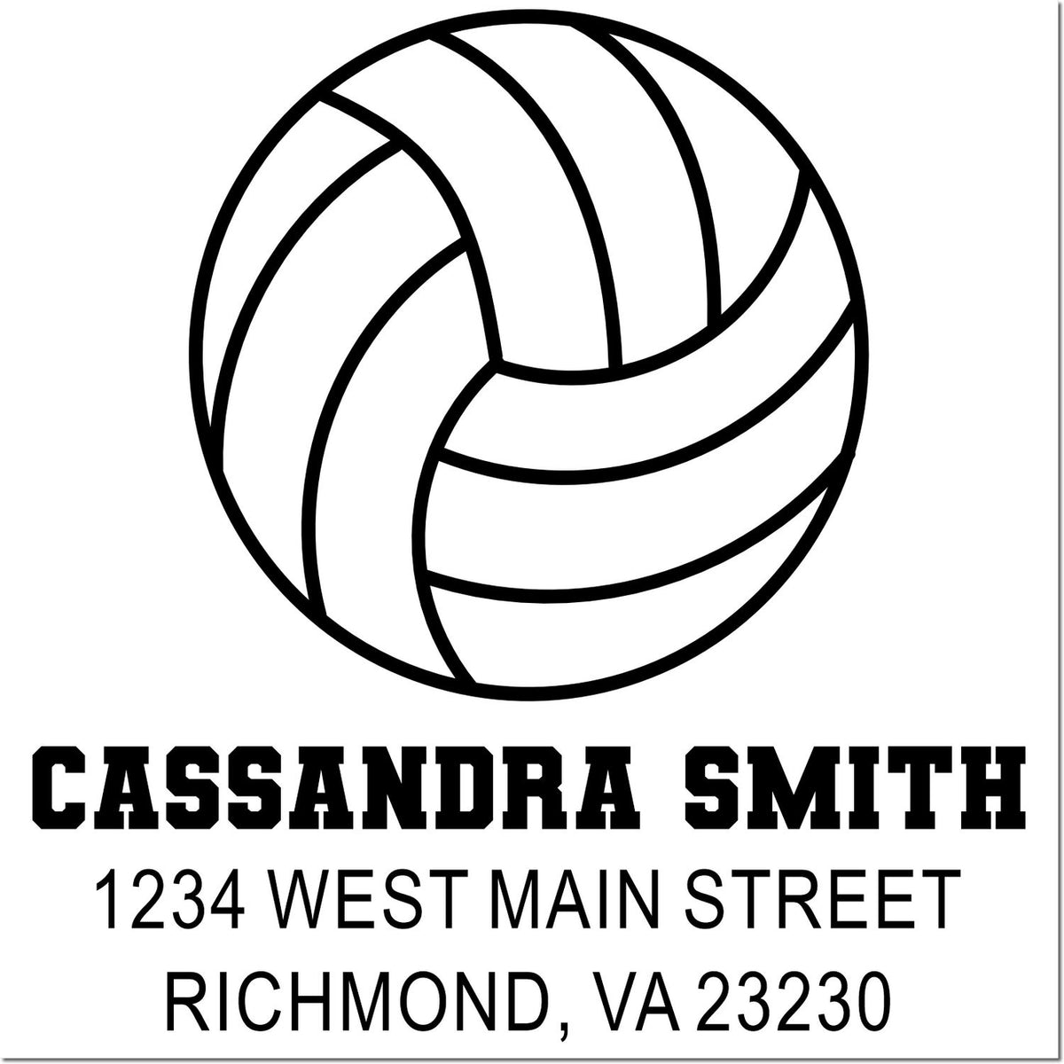 Custom volleyball address rubber stamp for Cassandra Smith, 1234 West Main Street, Richmond, VA 23230.