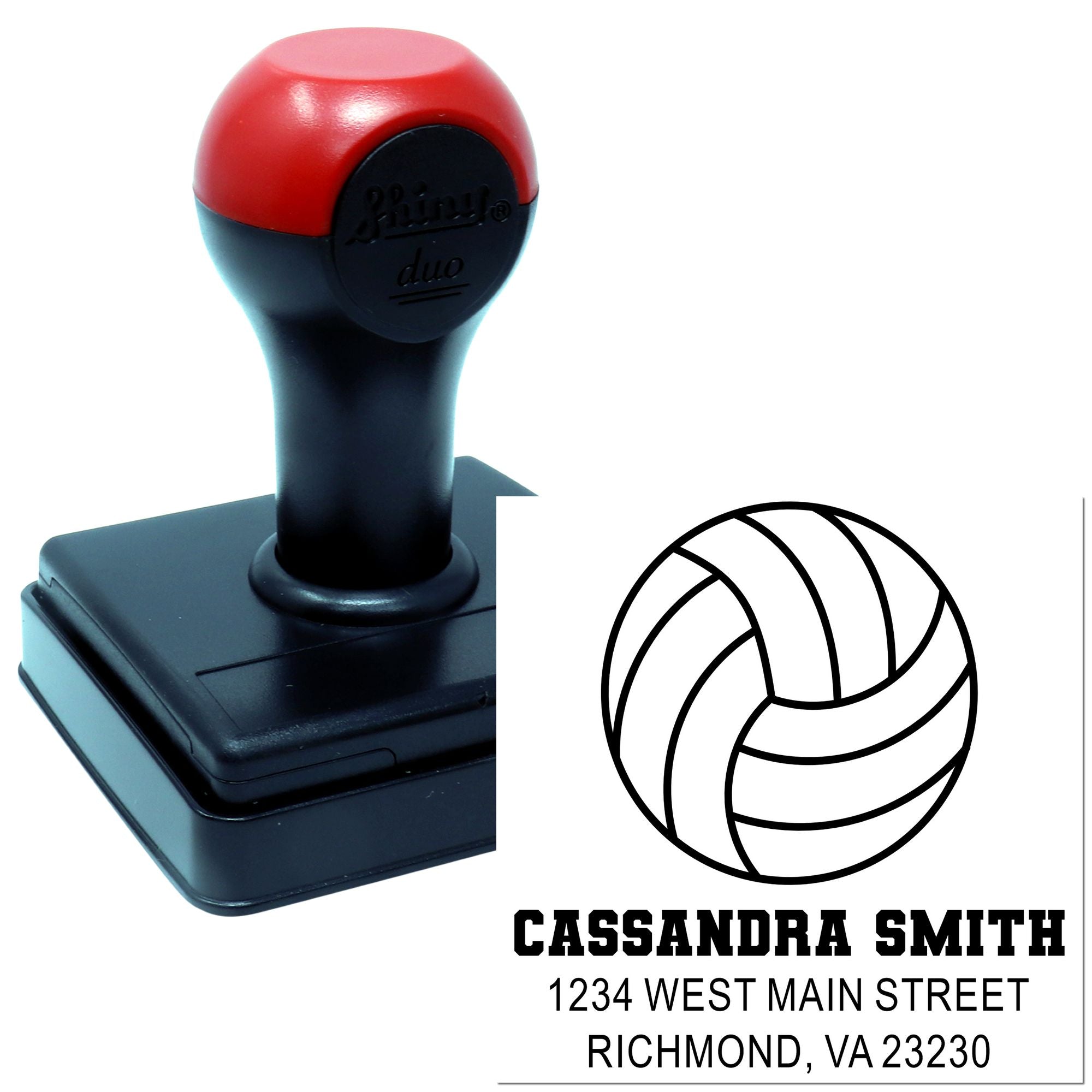 Custom self-inking rubber stamp with volleyball logo, name, and address for personalized branding and mailing labels