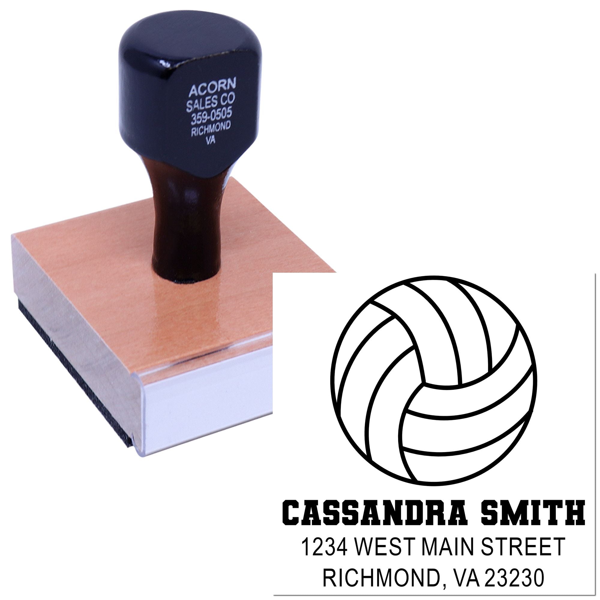 Custom rubber stamp with volleyball logo, name, and address imprint for personalized mailing and business use.