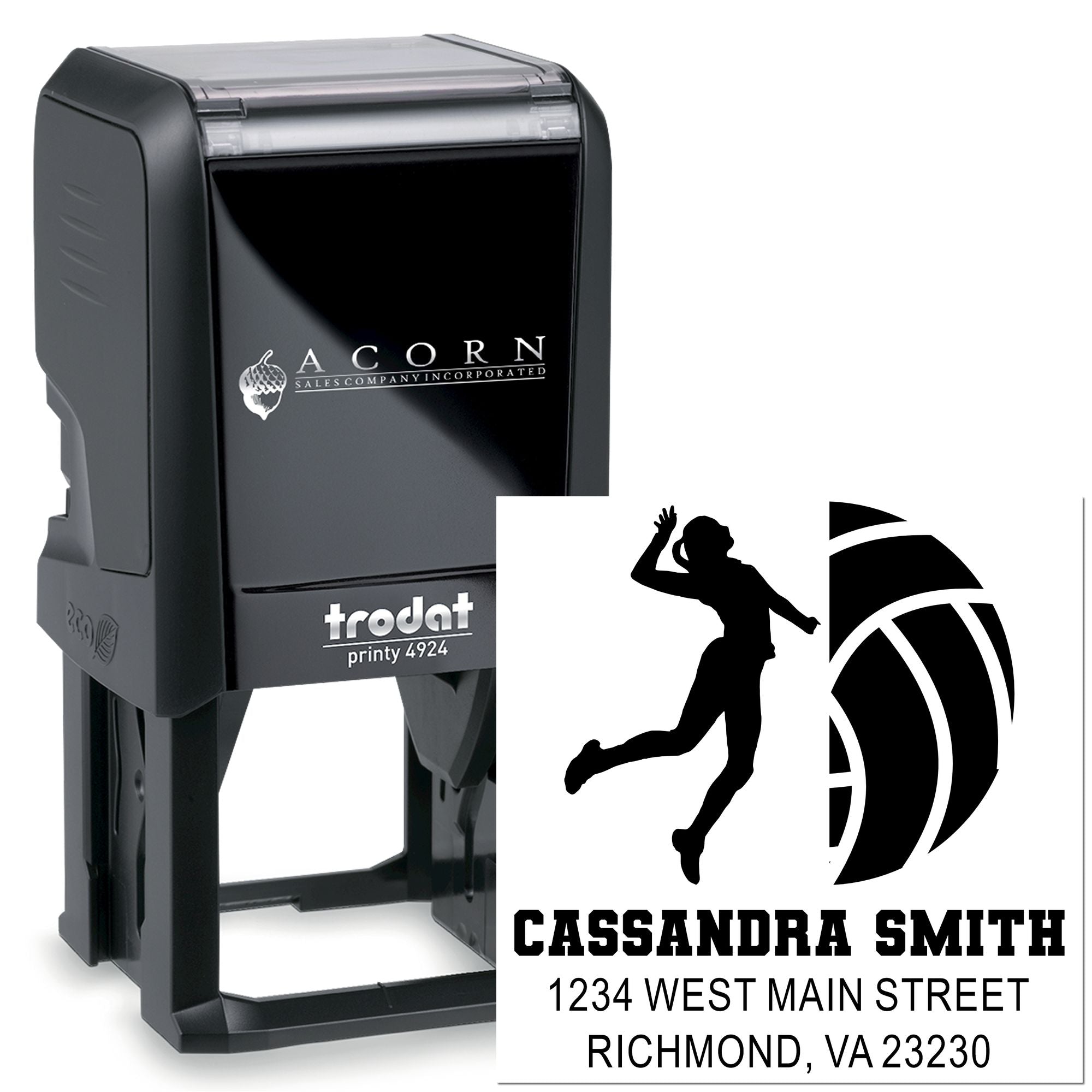 Custom self-inking rubber stamp, Trodat Printy 4924, with personalized name, address and logo for business mailing.