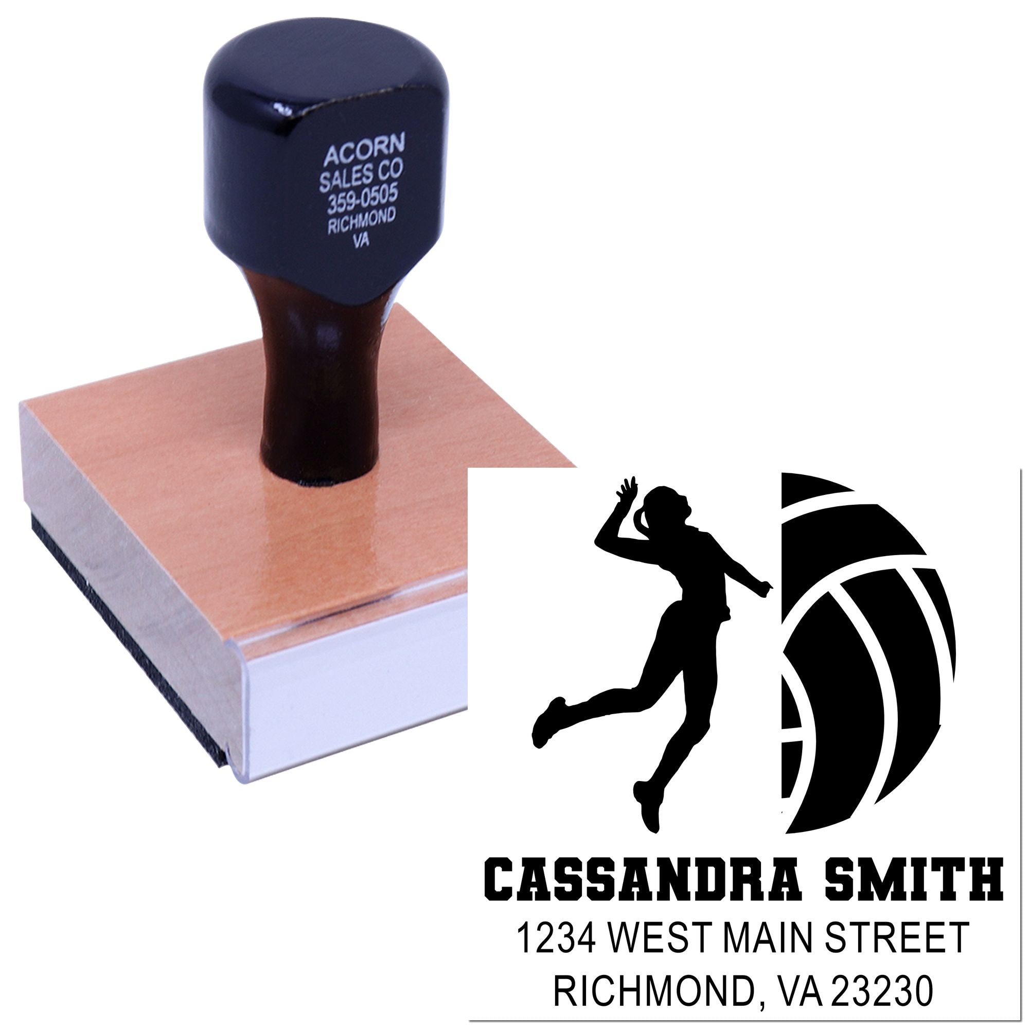 Personalized rubber stamp with custom business address imprint and sports logo for return address or branding use.