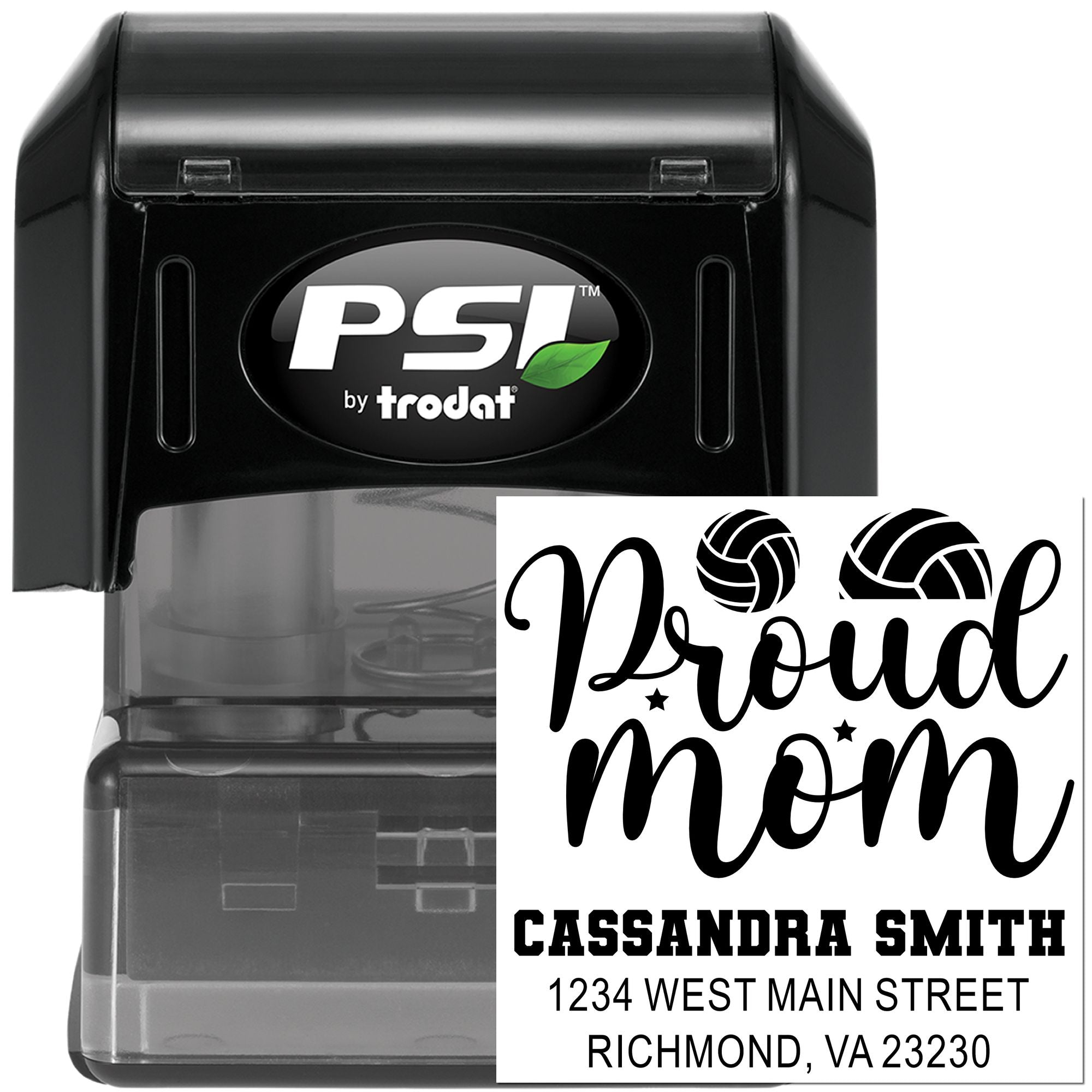 PSI by Trodat custom self-inking rubber stamp with Proud Mom return address design and personalized name and address.