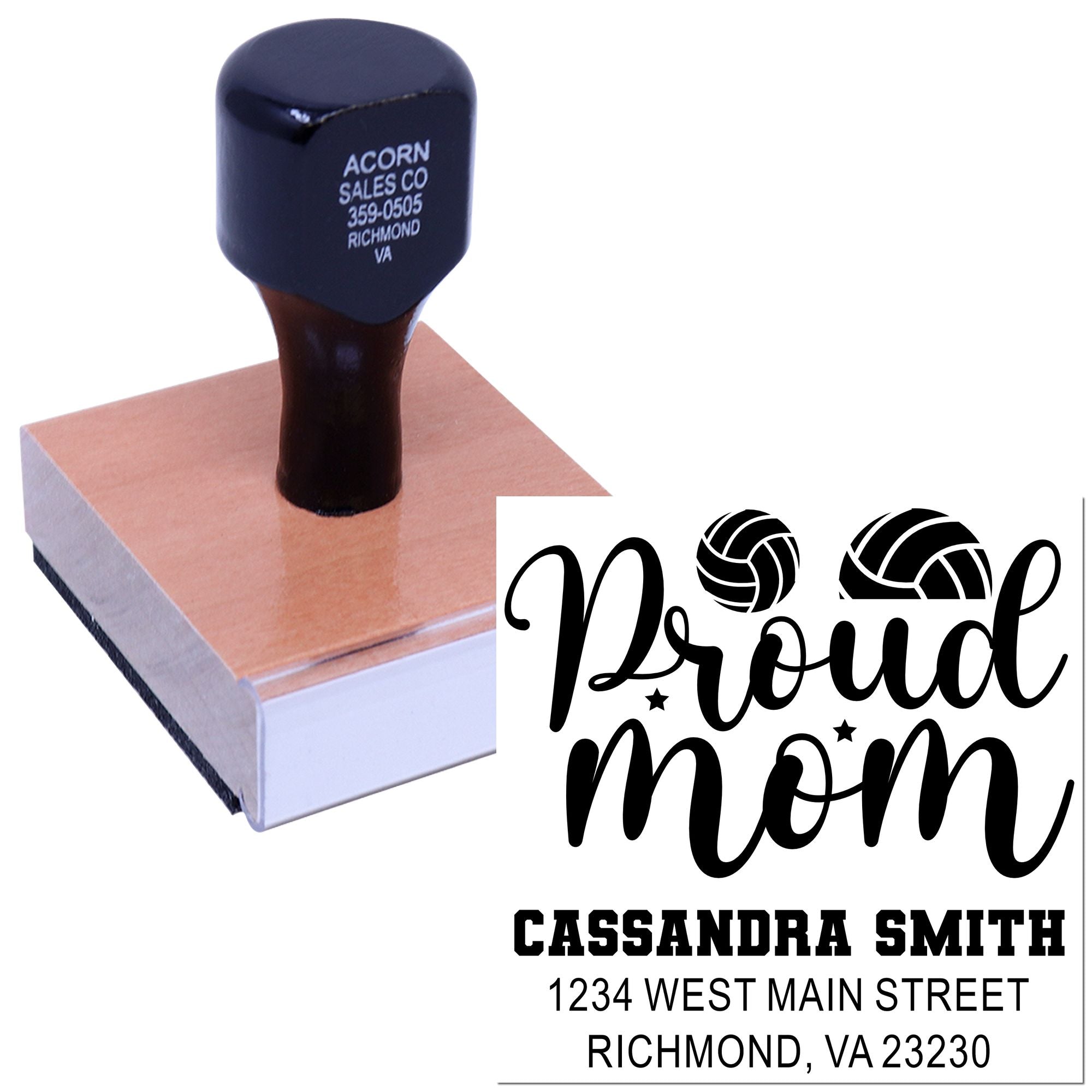 Personalized rubber stamp design for a Proud Mom volleyball address stamp with name and Richmond, VA details.