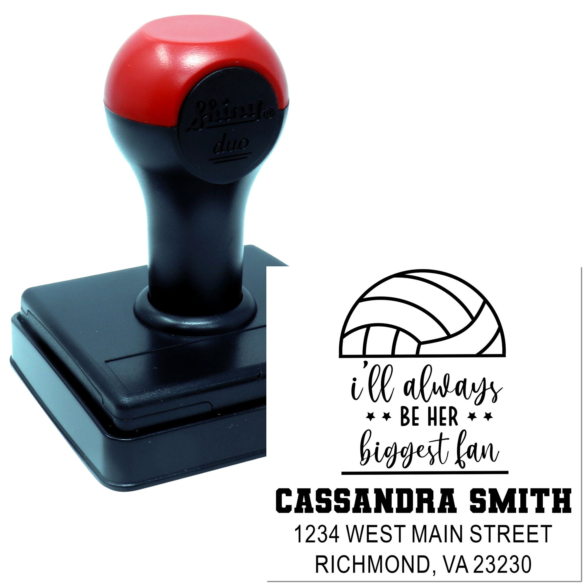Personalized self-inking rubber stamp with custom return address and Ill always be her biggest fan design.
