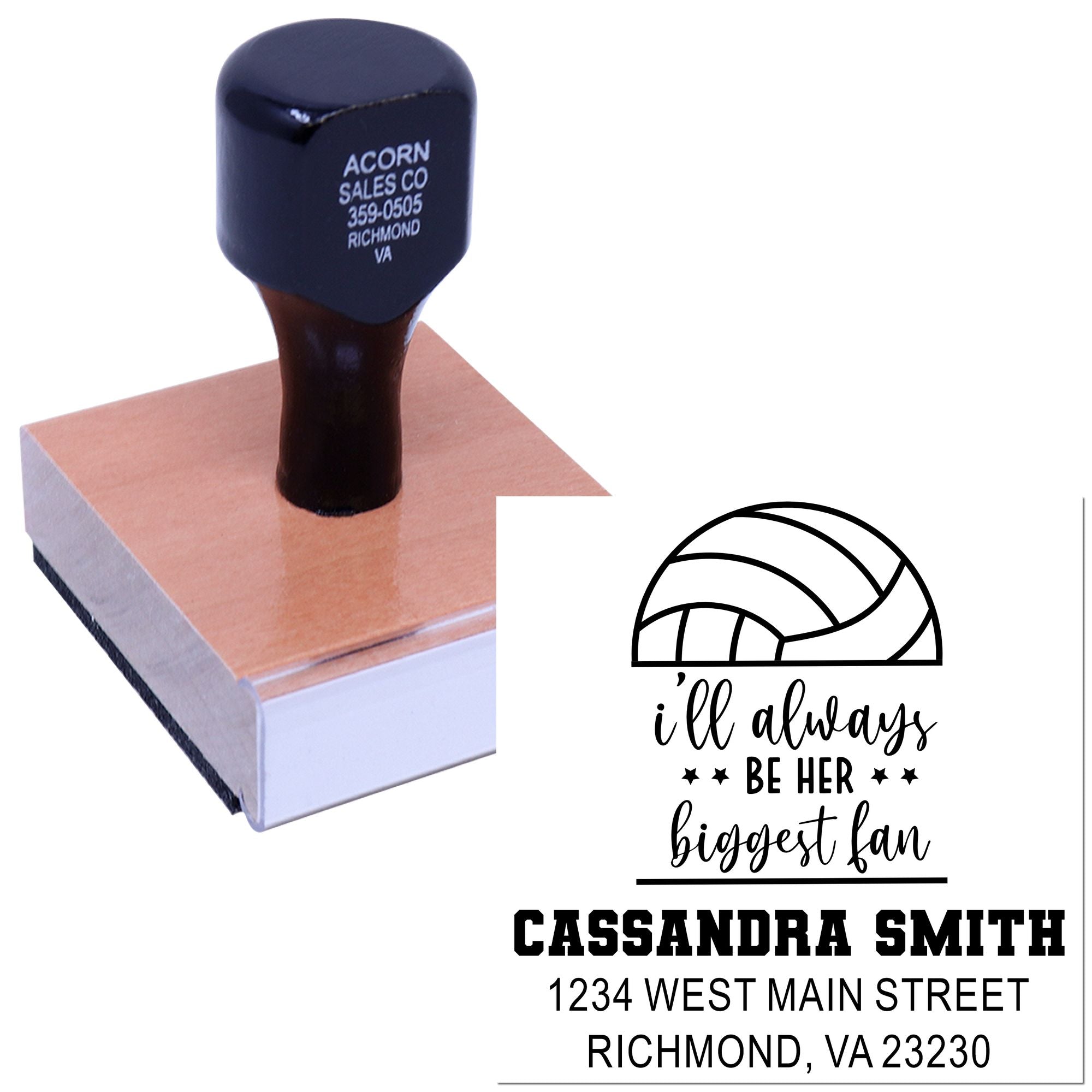 Custom rubber stamp for personalized volleyball fan name and address imprint, ideal for stationery, gifts, and team branding.