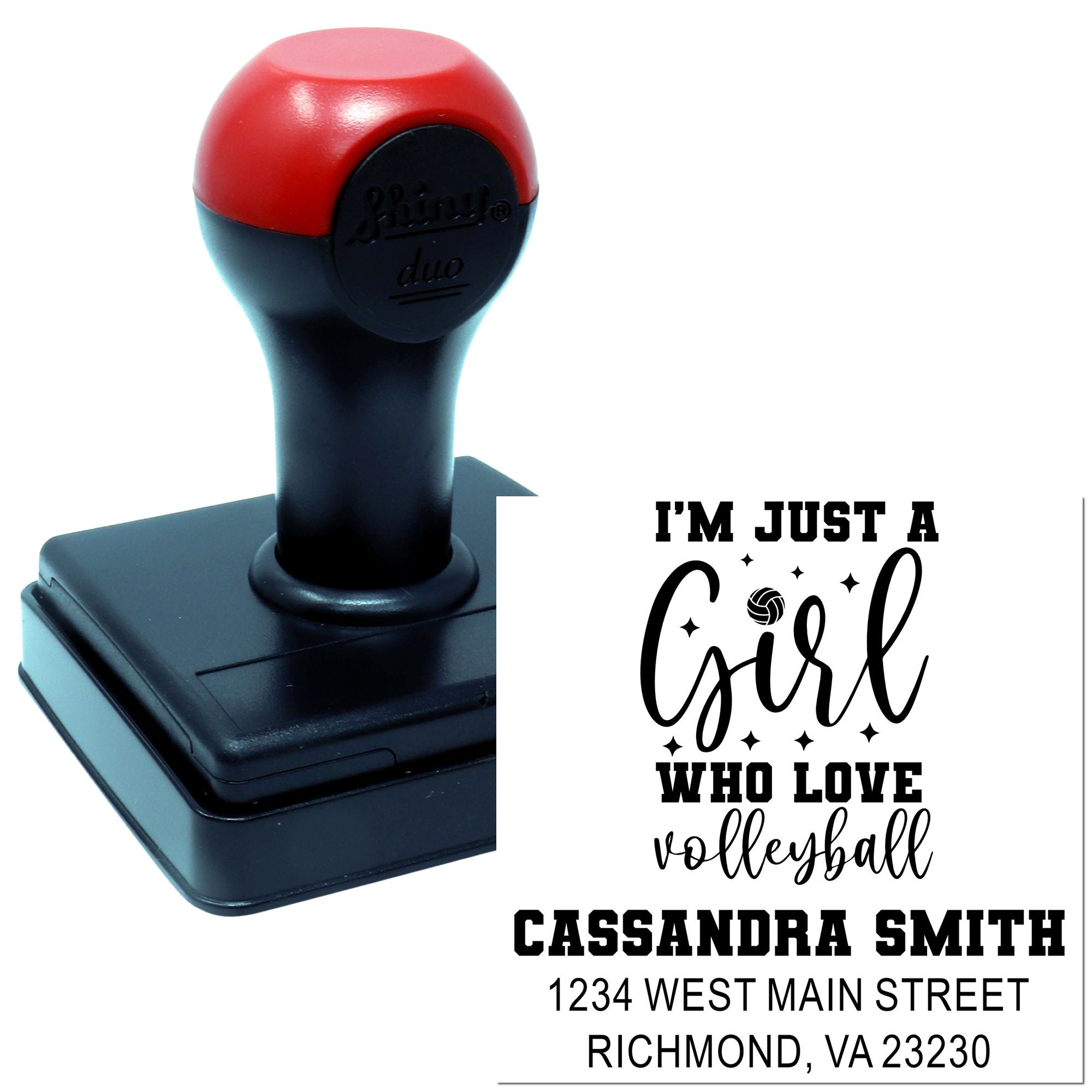 Custom self-inking rubber stamp for volleyball lovers with name and address imprint, personalized girl sports design.