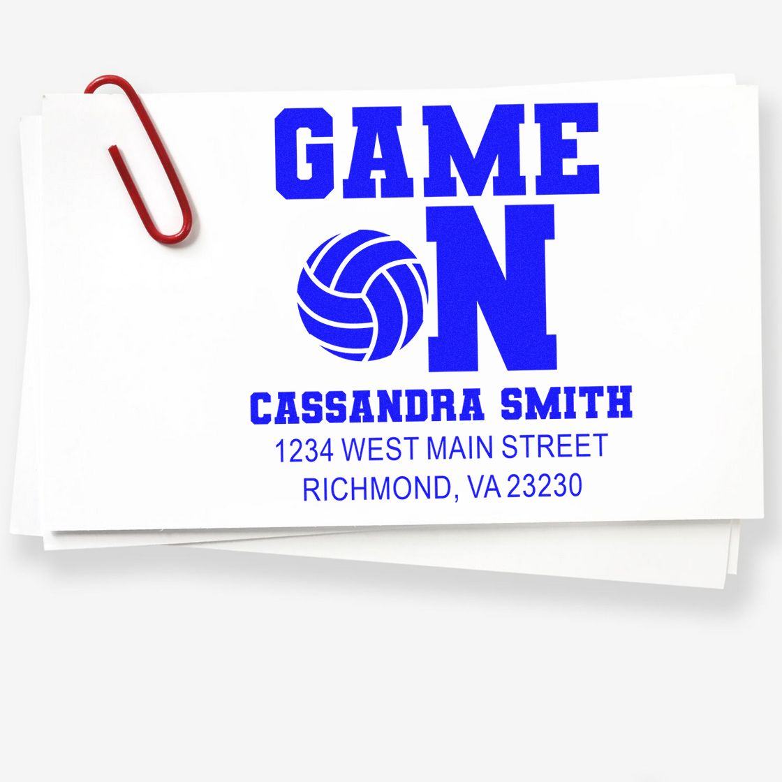 Personalized volleyball rubber stamp reading Game On with Cassandra Smith name and Richmond, VA address.