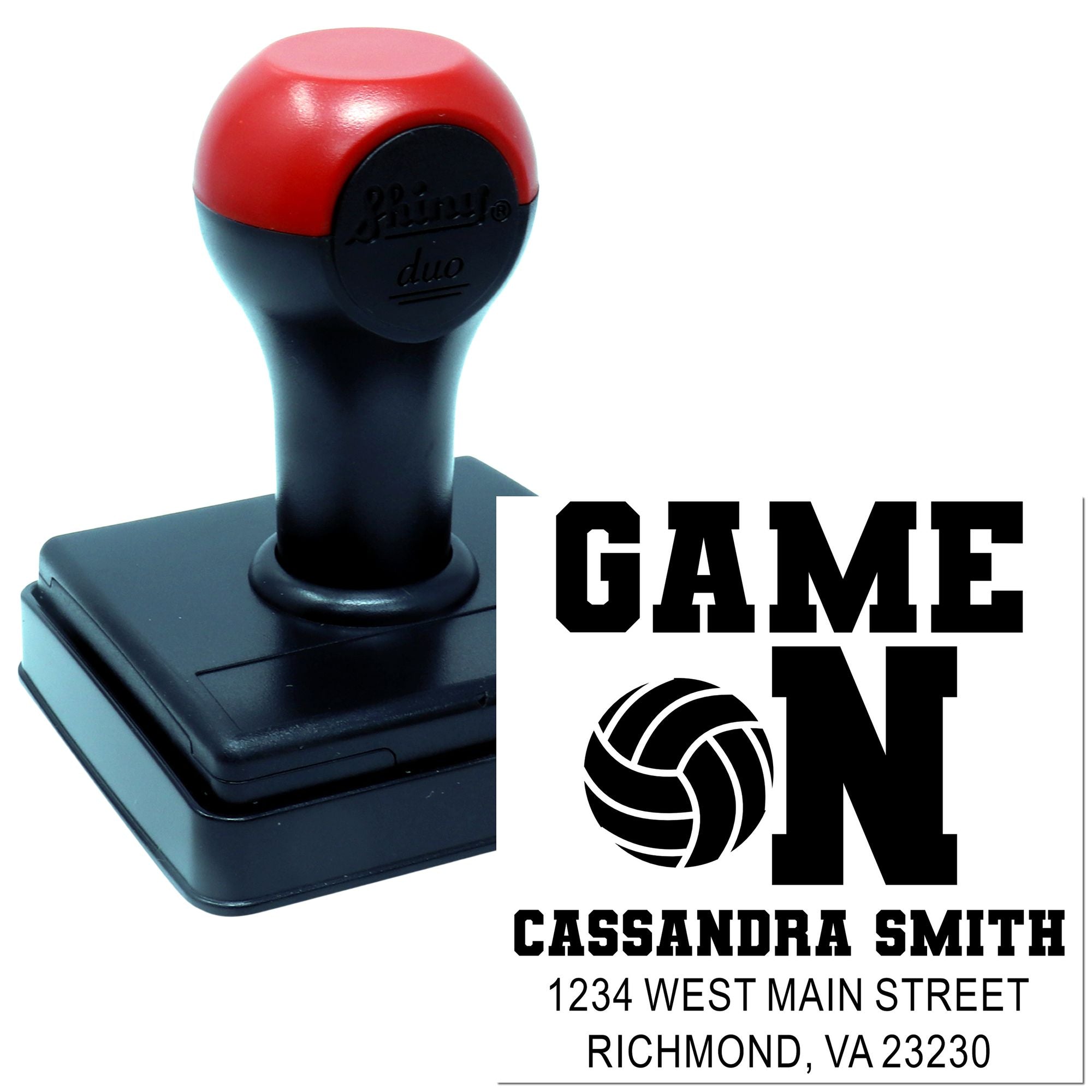 Self-inking rubber stamp with GAME ON volleyball design and custom name and address for sports-themed branding.
