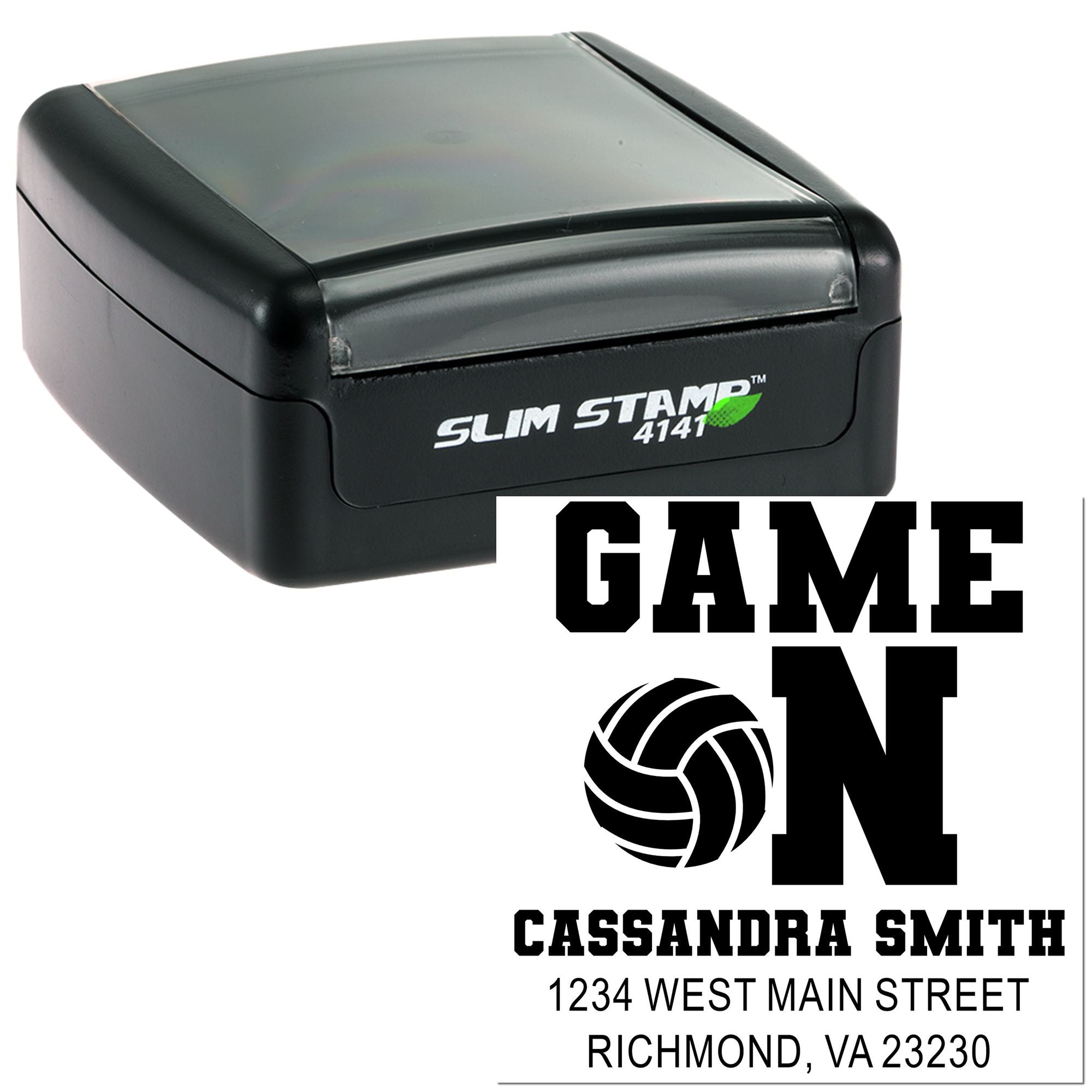 Personalized self-inking rubber stamp with GAME ON volleyball design and return address for sports-themed mailings.