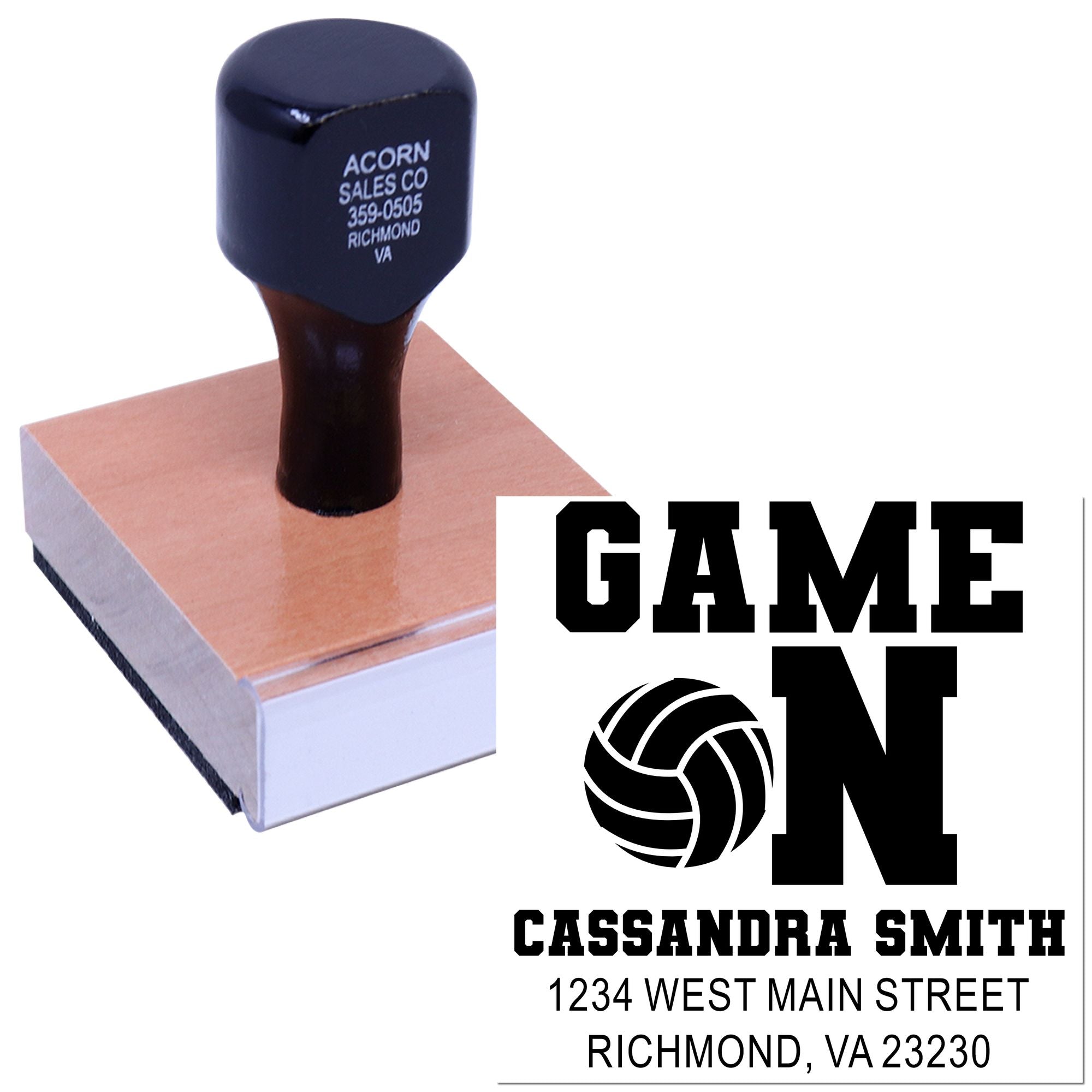 Custom rubber stamp with Game On volleyball design, personalized name and address for team or coach branding.