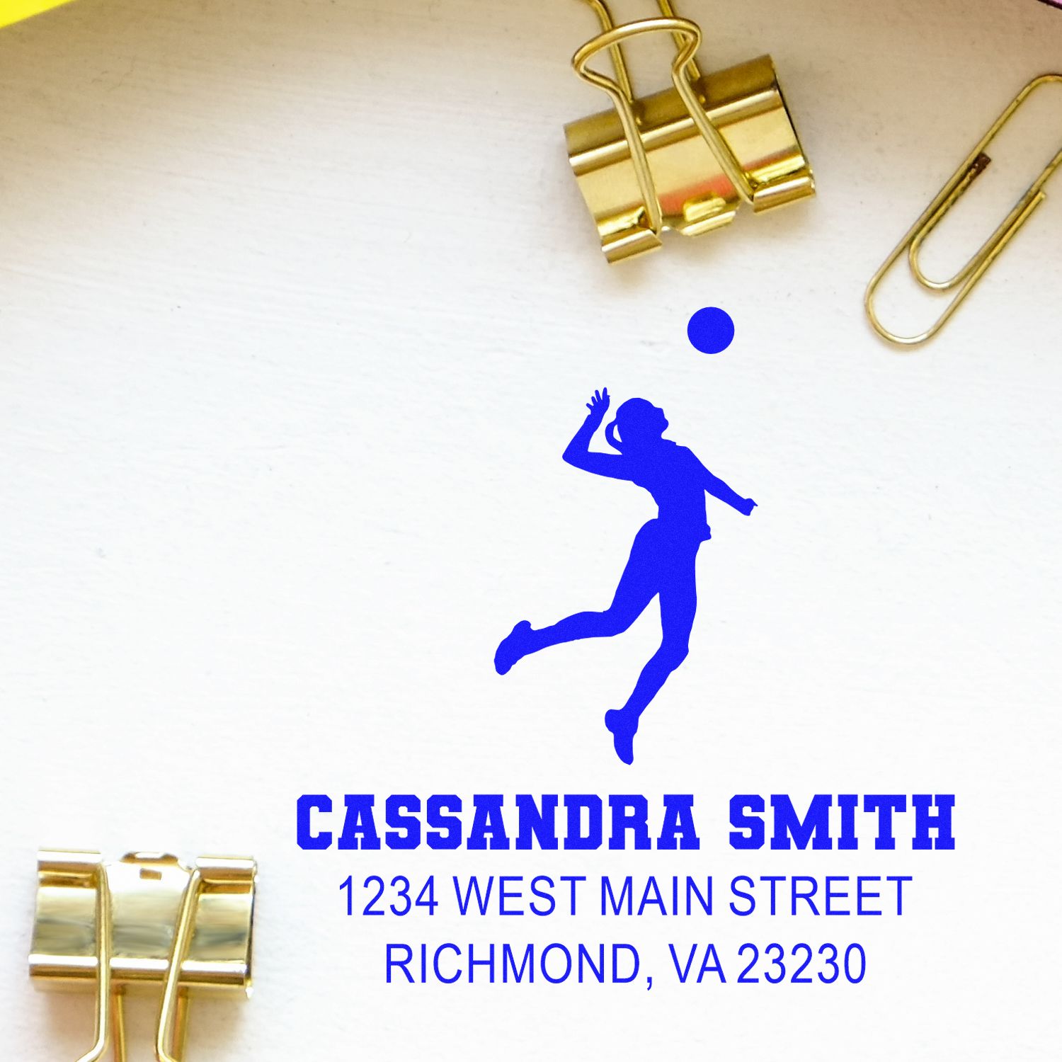 Custom volleyball return address rubber stamp for Cassandra Smith, Richmond, VA, with athlete silhouette logo.