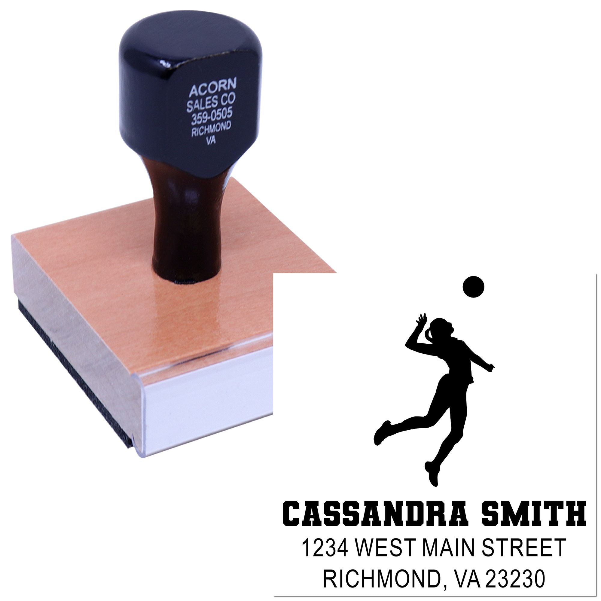 Personalized volleyball rubber stamp with custom name and address imprint, shown on stamp block.