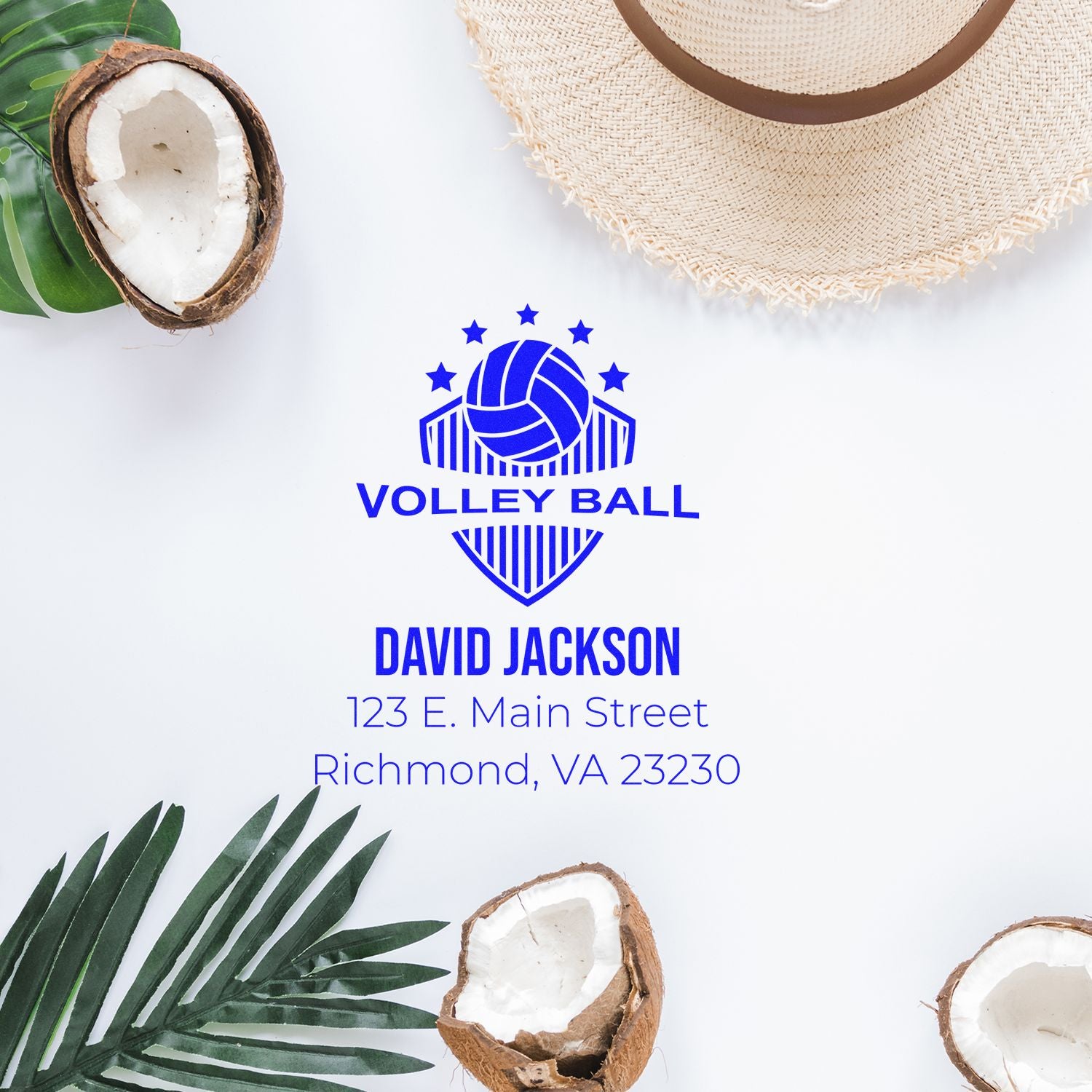 Custom volleyball address rubber stamp with David Jackson name and Richmond, VA return address for mail and stationery.