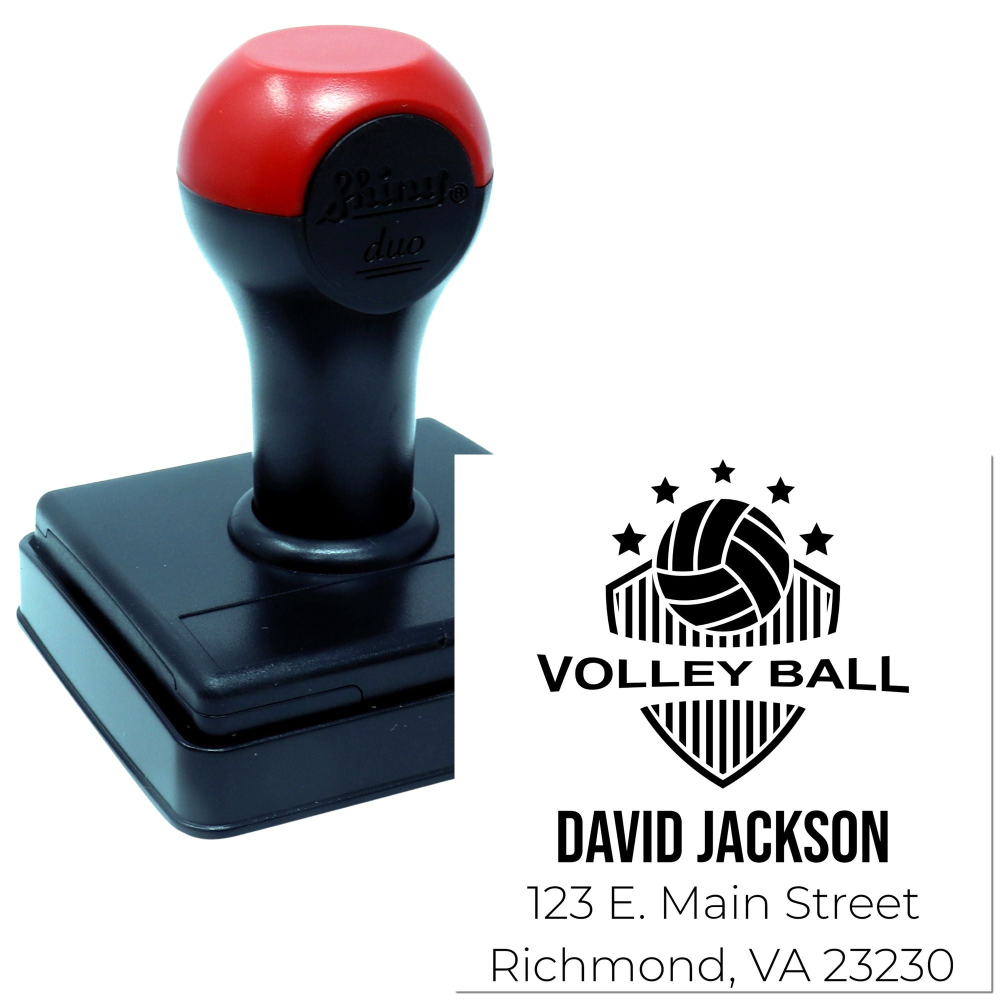 Custom volleyball self-inking rubber stamp with name and address for personalized team or sports club branding