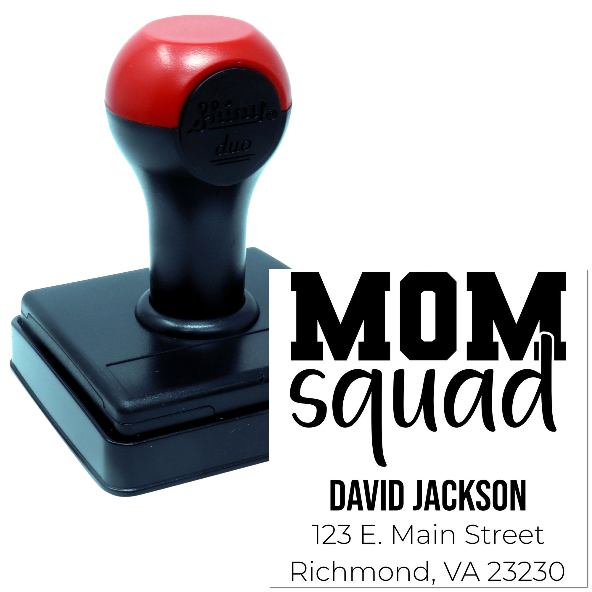 Custom self-inking rubber stamp for Mom Squad with return address, featuring personalized name and address design.
