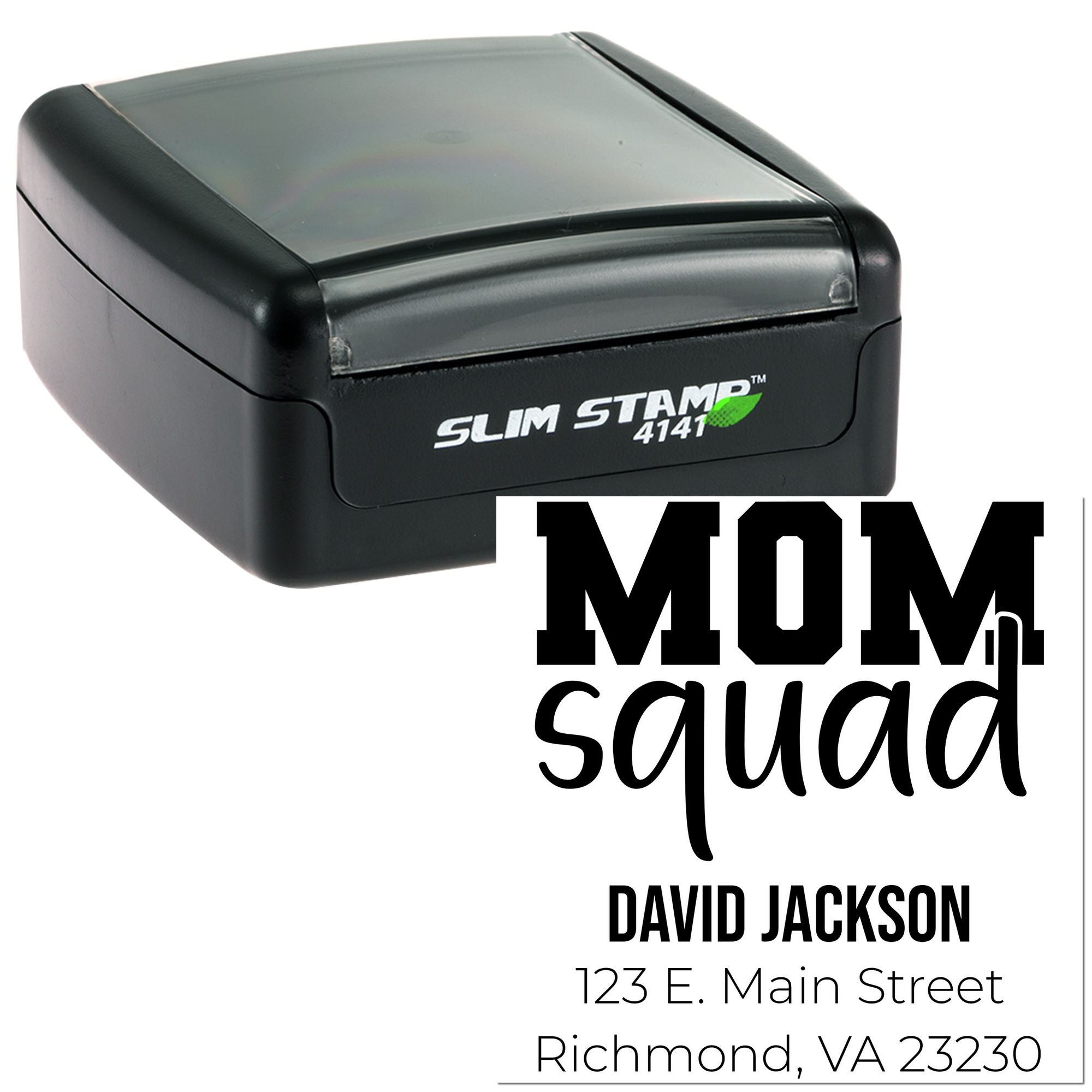 Custom self-inking rubber stamp featuring MOM squad design with name and address for personalized mailing.