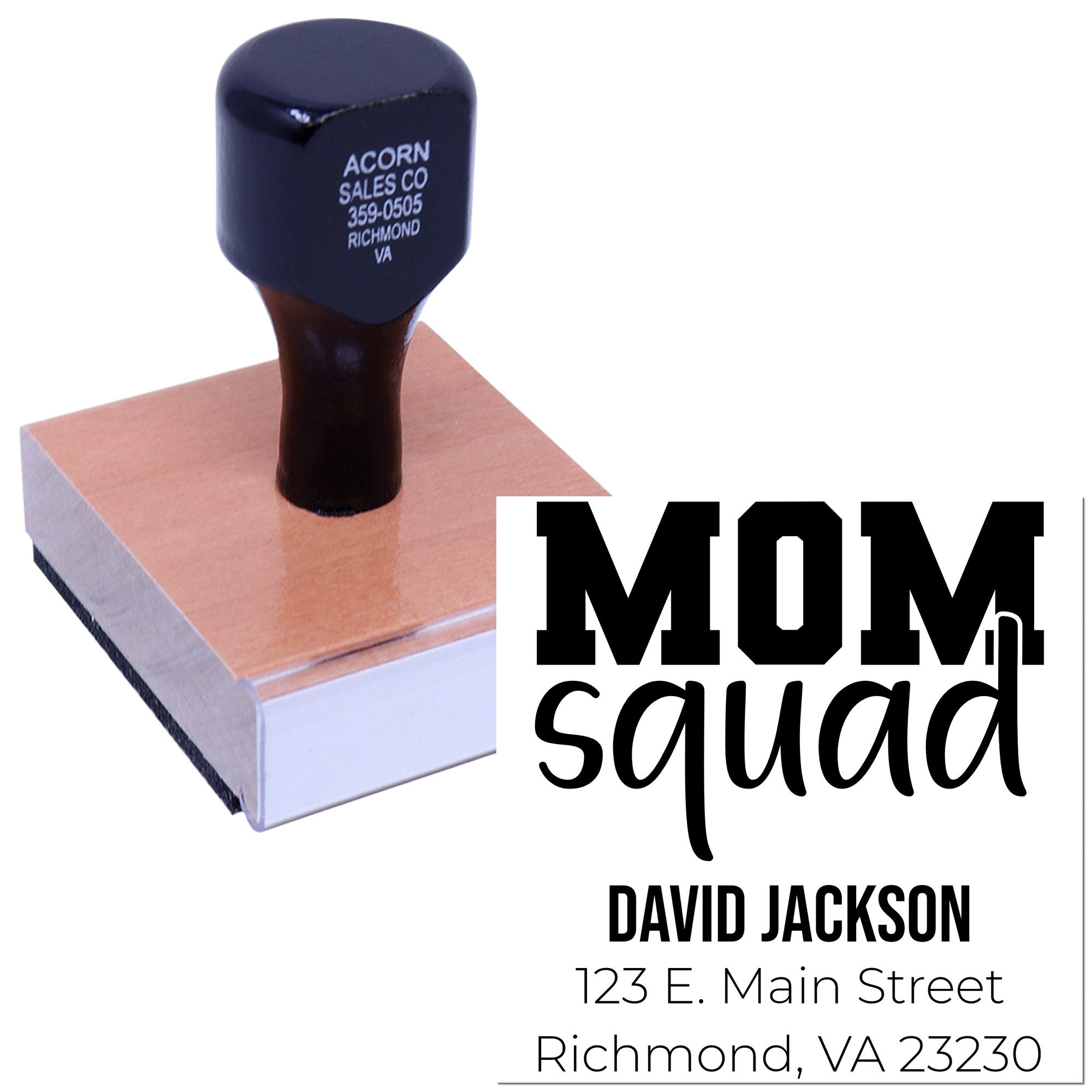 Custom rubber stamp for Mom Squad, featuring David Jackson and Richmond, VA address for personalized stationery or packaging.