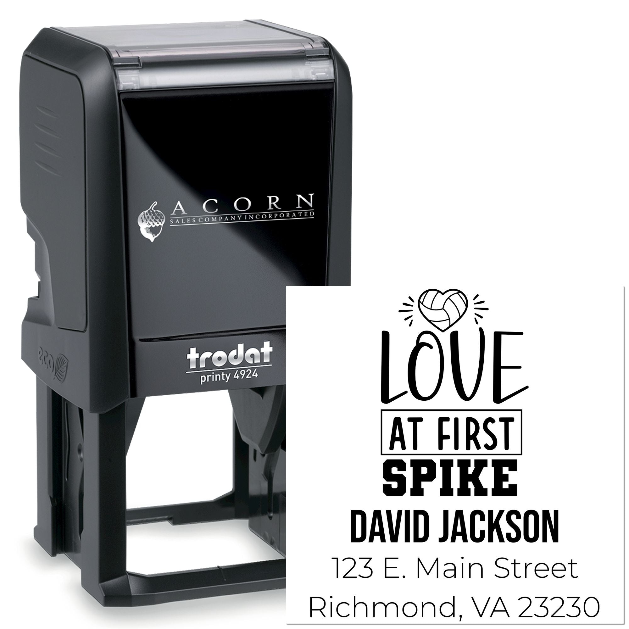 Personalized self-inking rubber stamp with volleyball Love at First Spike design, name, and address for custom stationery.