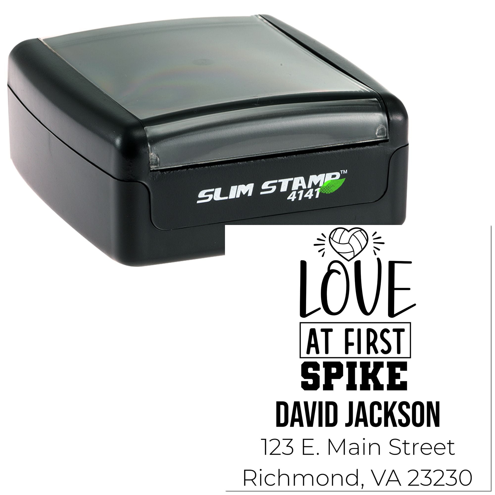 Custom volleyball rubber stamp with Love at First Spike text, name, and address on a self-inking stamp.