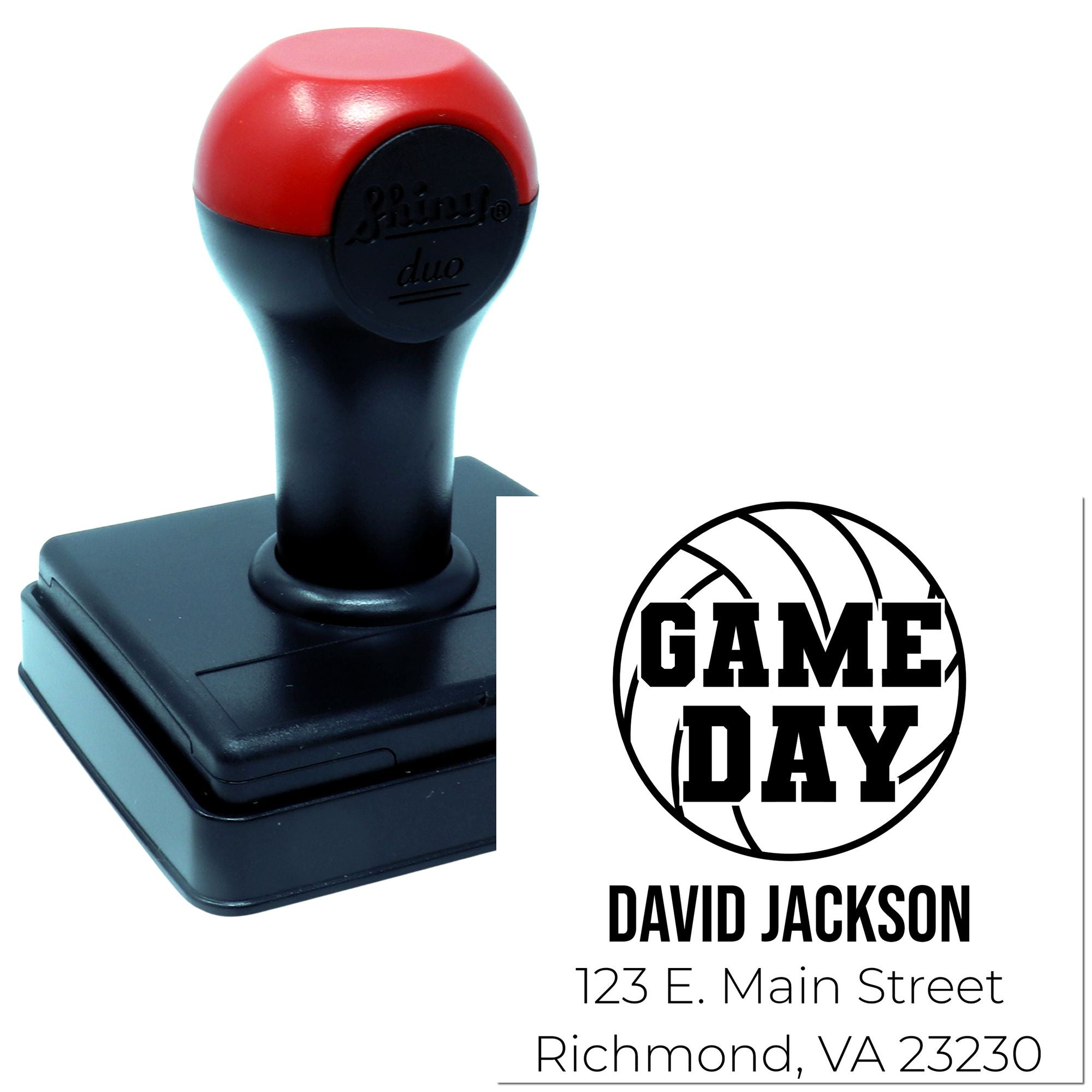 Custom basketball game day rubber stamp for personalized name and address impressions on sports invitations and packaging.