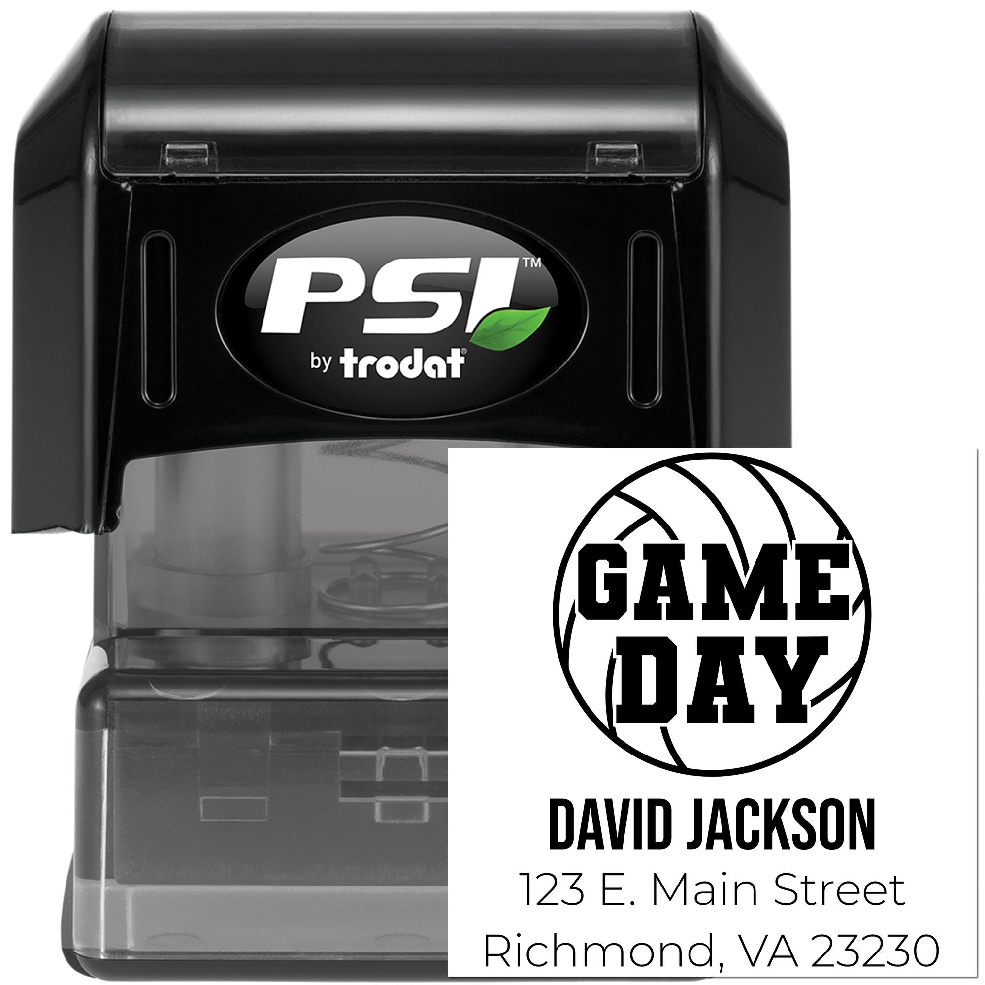 Personalized basketball game day self-inking rubber stamp with name and address, PSI by trodat.