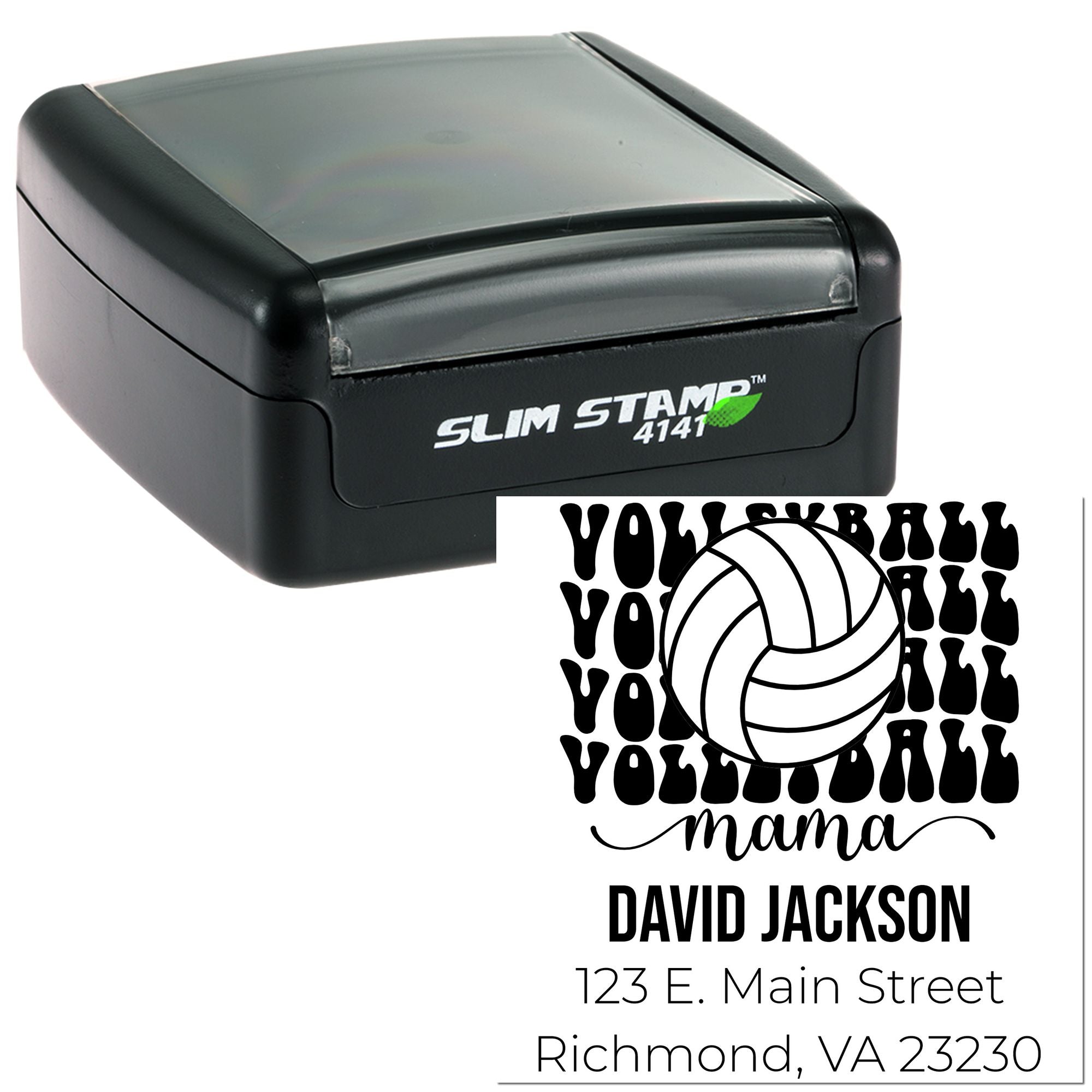 Custom self-inking rubber stamp with volleyball mama design, name, and return address for personalized mailings.