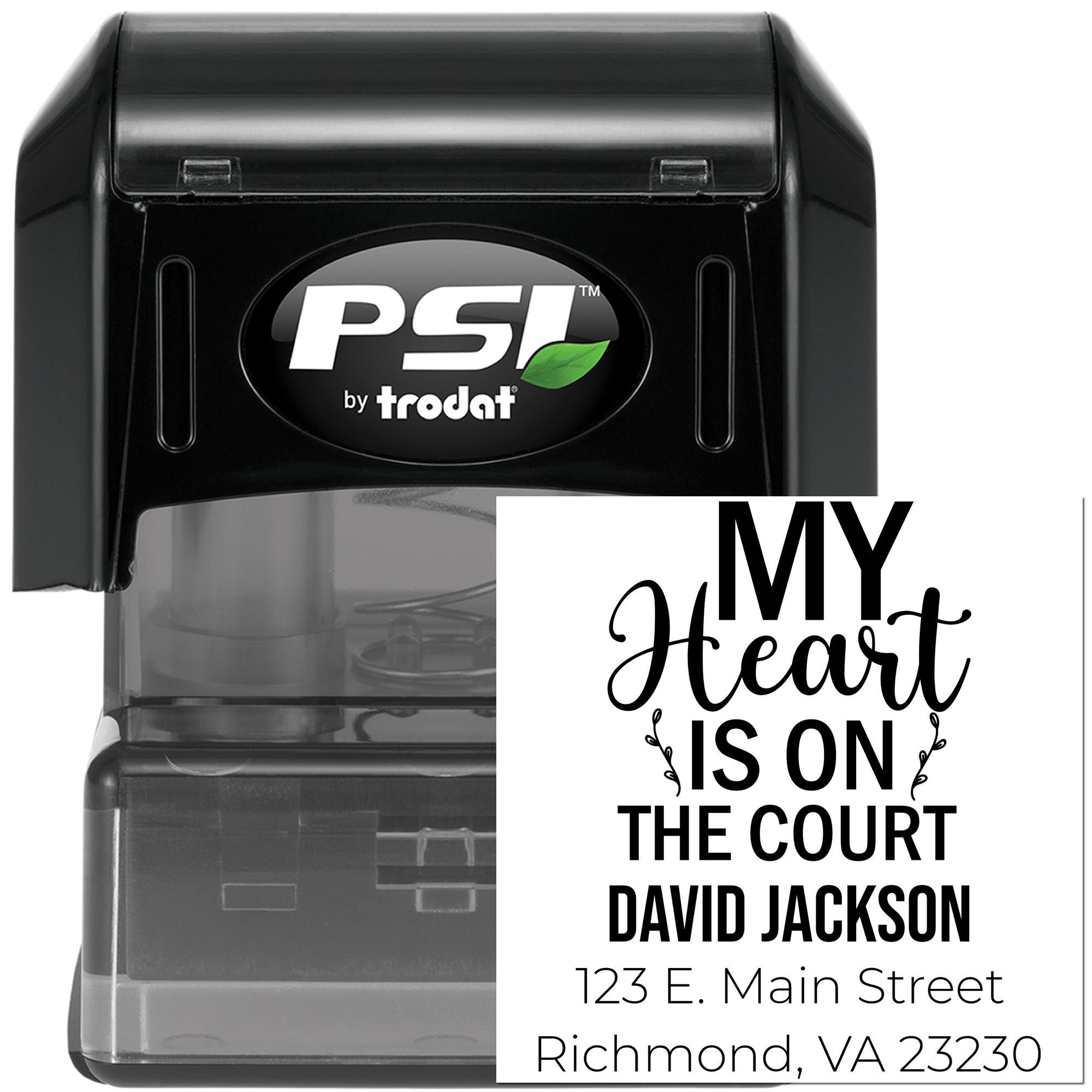Custom self-inking rubber stamp by PSI Trodat with My Heart Is on the Court return address imprint.