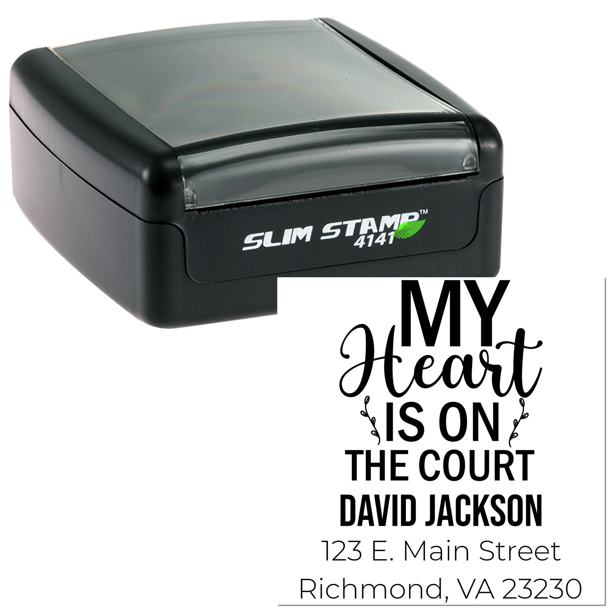 Custom self-inking rubber stamp with My Heart Is On The Court personalized address design for David Jackson, Richmond VA.