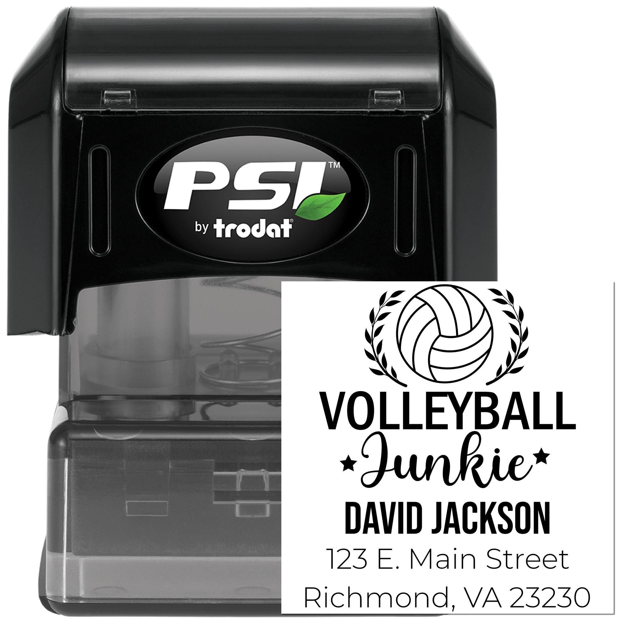 PSI by Trodat self-inking rubber stamp with custom Volleyball Junkie name and address imprint for personalized sports mailing.