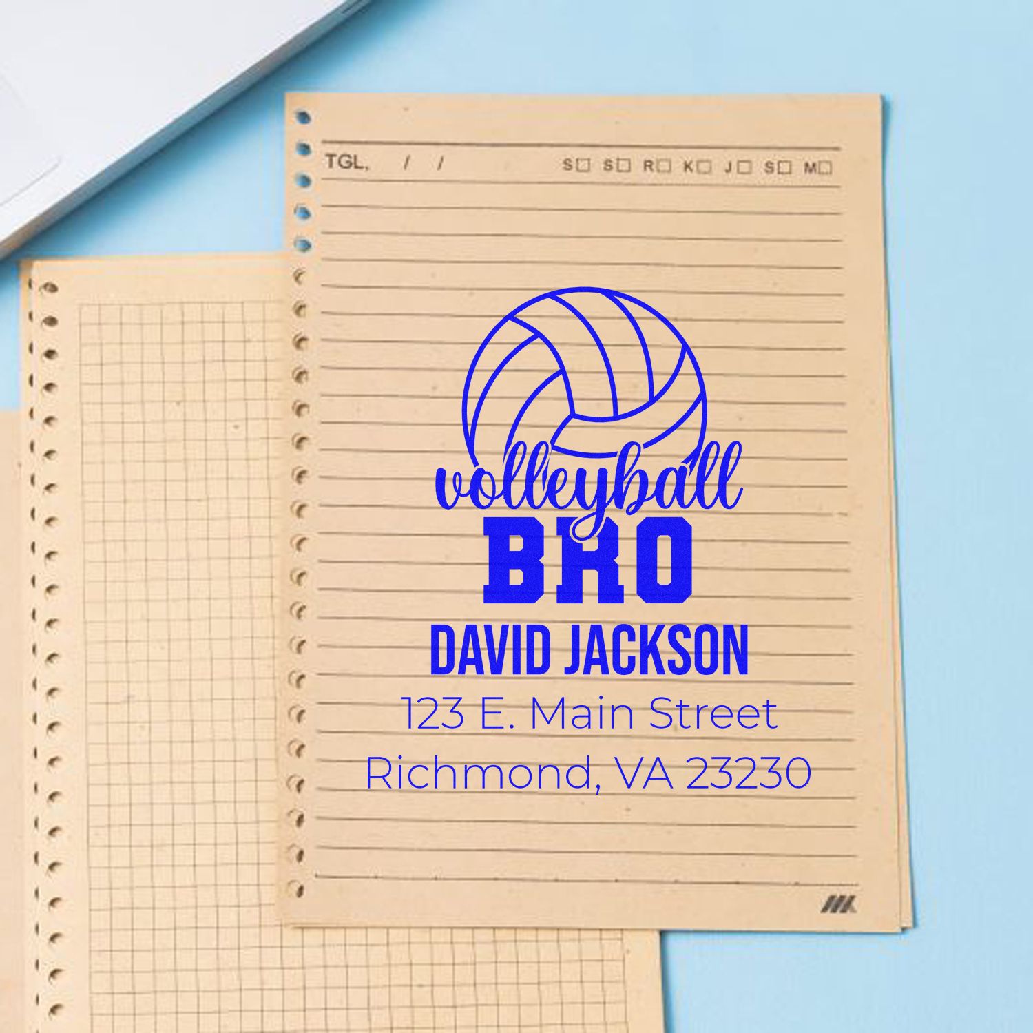 Custom volleyball BRO address stamp with personalized name, street address, and city for sports-themed stationery.