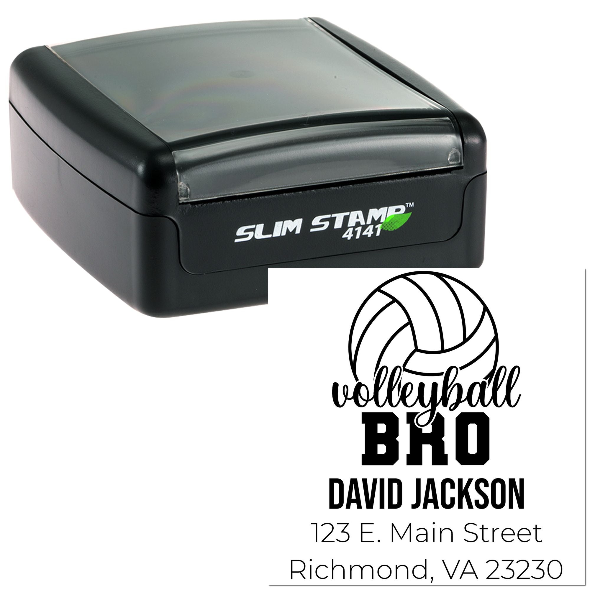 Custom slim rubber stamp preview with volleyball logo, name, and address for David Jackson.