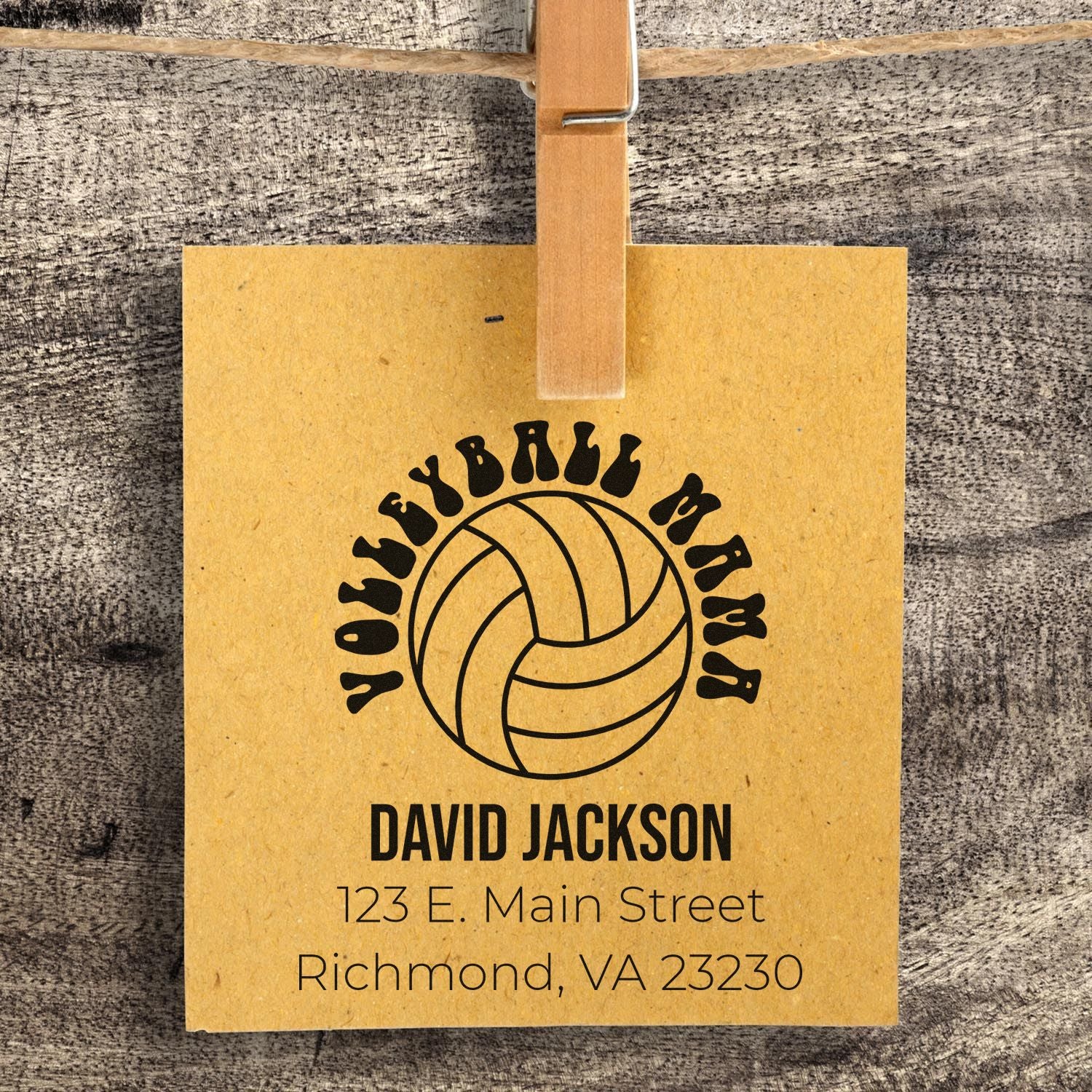 Custom volleyball mom rubber stamp with personalized name and return address on kraft paper.