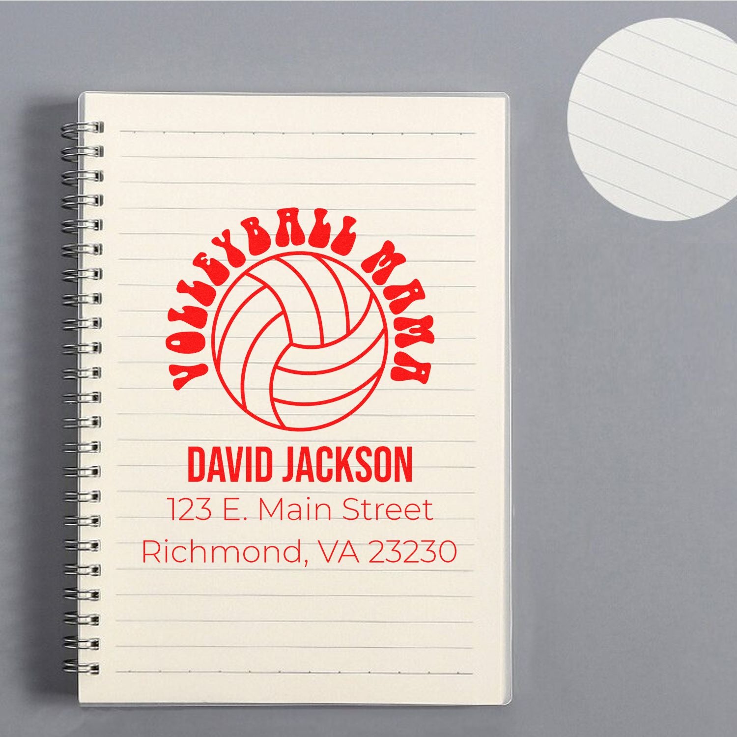 Custom volleyball rubber stamp with David Jackson name, Richmond, VA address, and sports club logo.